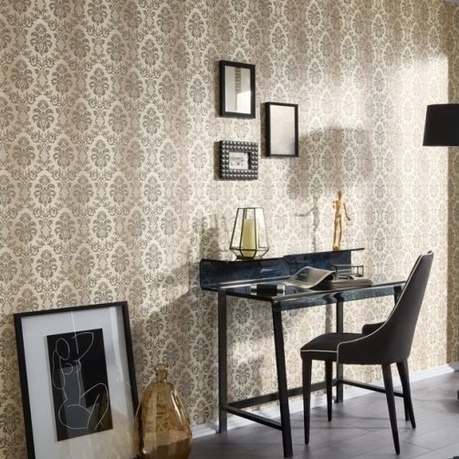 Varm beige perlemor damask - Køb tapet her