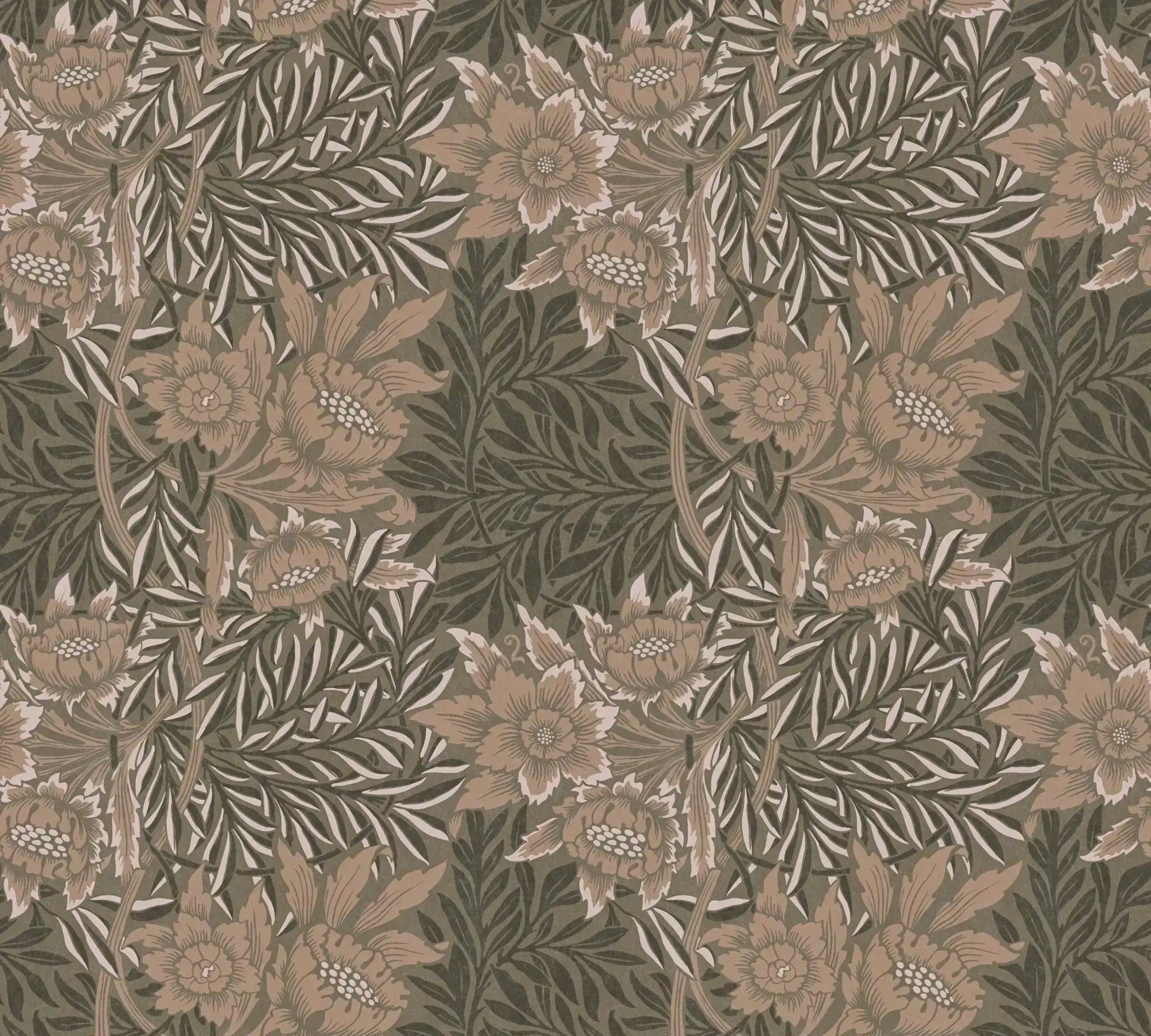 En detaljeret visning af Adam's Delight - Sepia tapet med et blomstermønster i beige og brunlige toner.