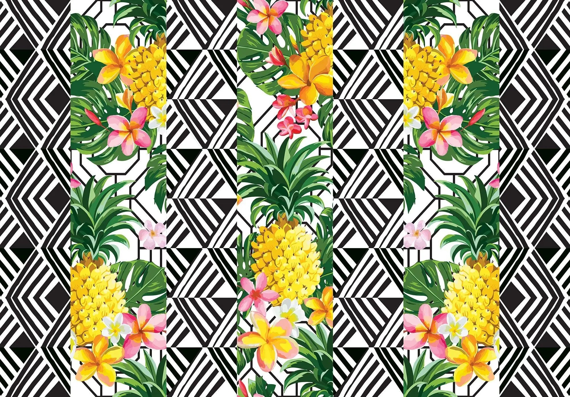 Billede 1 af Fototapet - Ananas og tropiske blomster på sort-hvidt geometrisk mønsterbaggrund