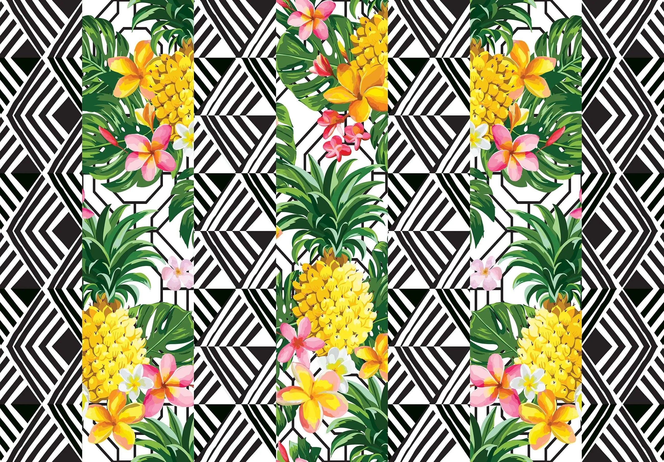 Billede 2 af Fototapet - Ananas og tropiske blomster på sort-hvidt geometrisk mønsterbaggrund