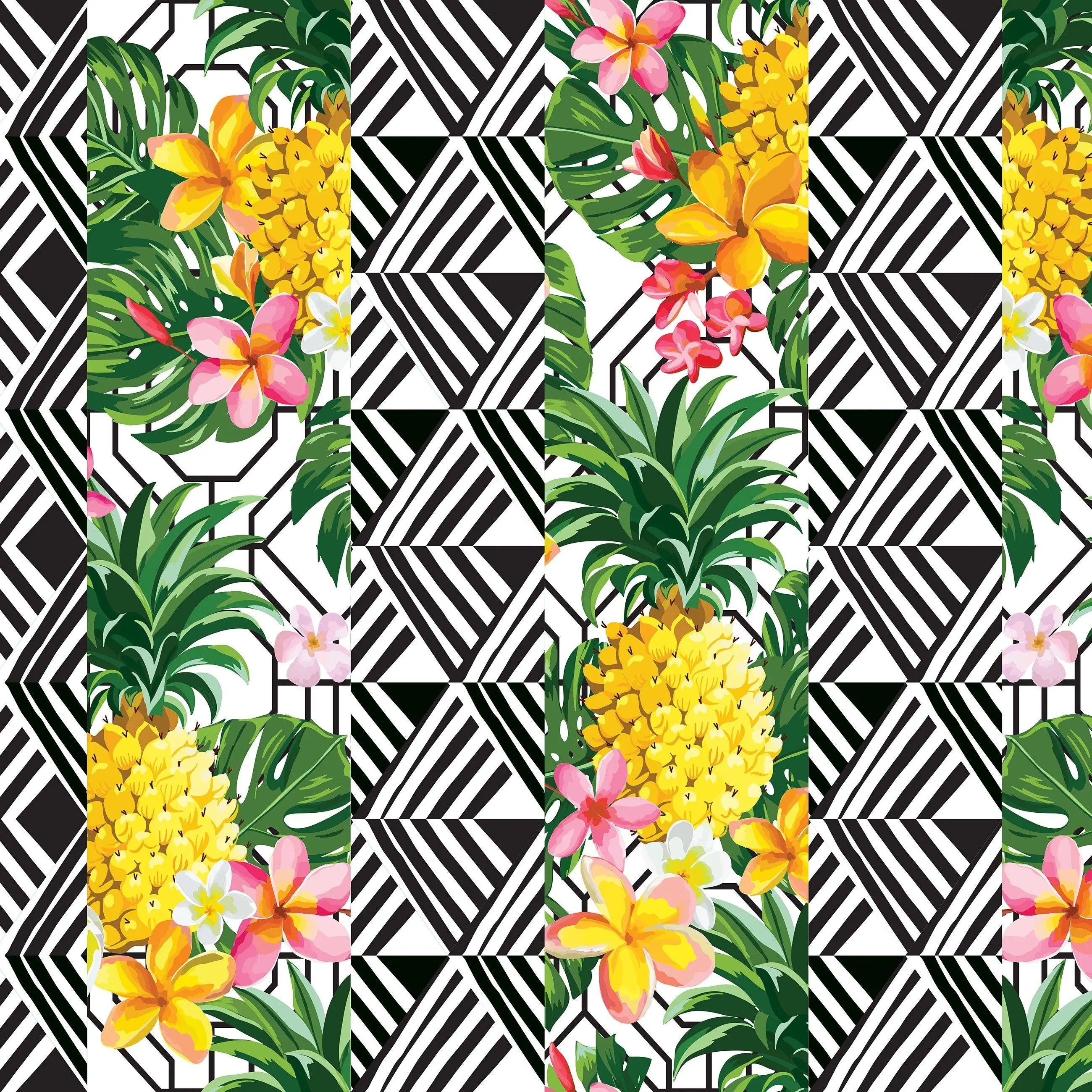 Billede 8 af Fototapet - Ananas og tropiske blomster på sort-hvidt geometrisk mønsterbaggrund