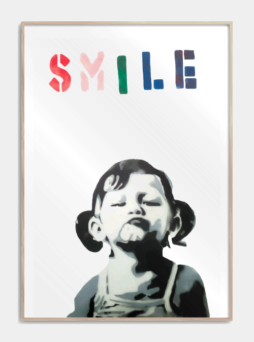 SMILE Girl Banksy plakat A3 - Køb kunst plakat med sur pige