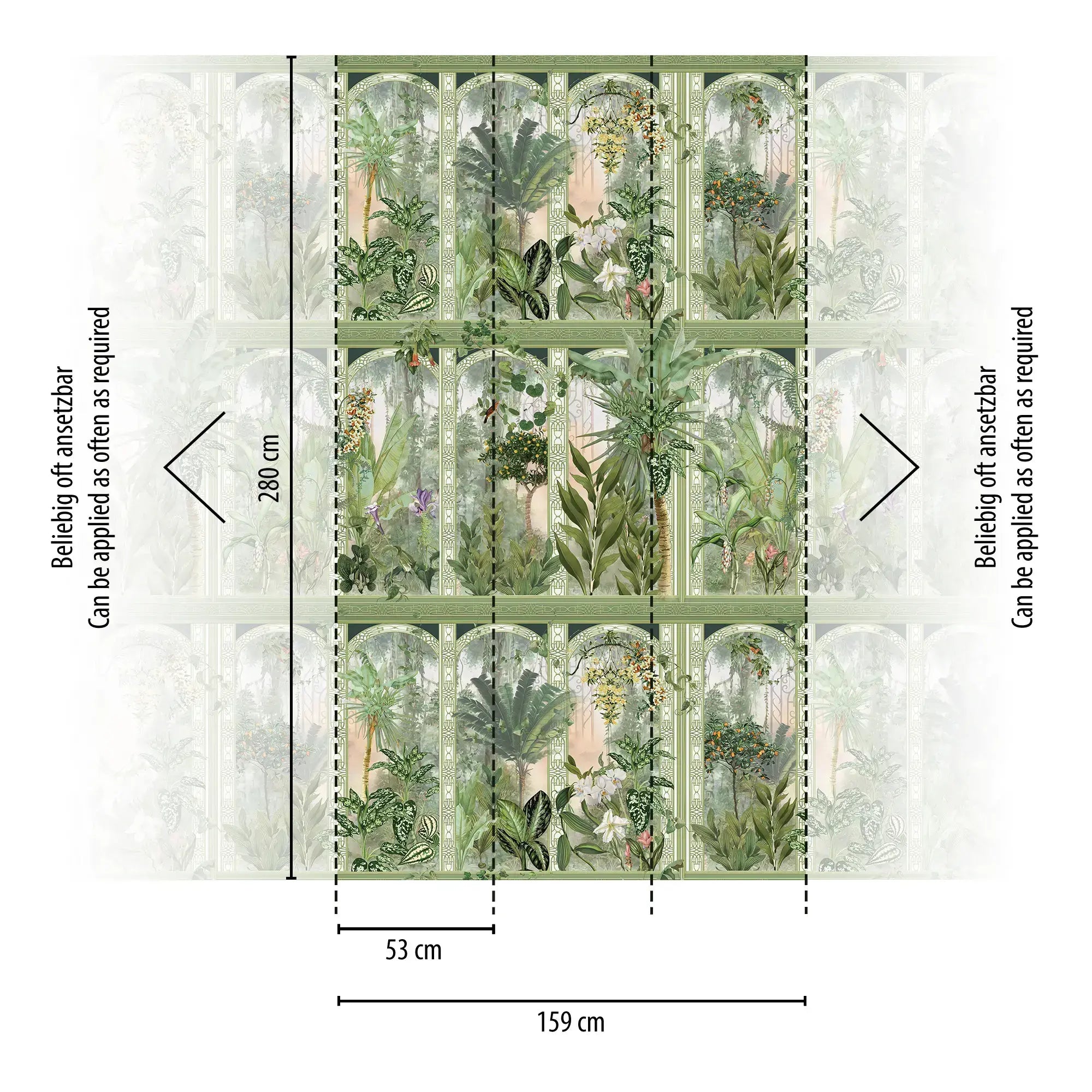 Tapet Arboreal Retreat med dimensioner angivet: 280 cm høj og 159 cm bred, der viser installationsmønsteret.