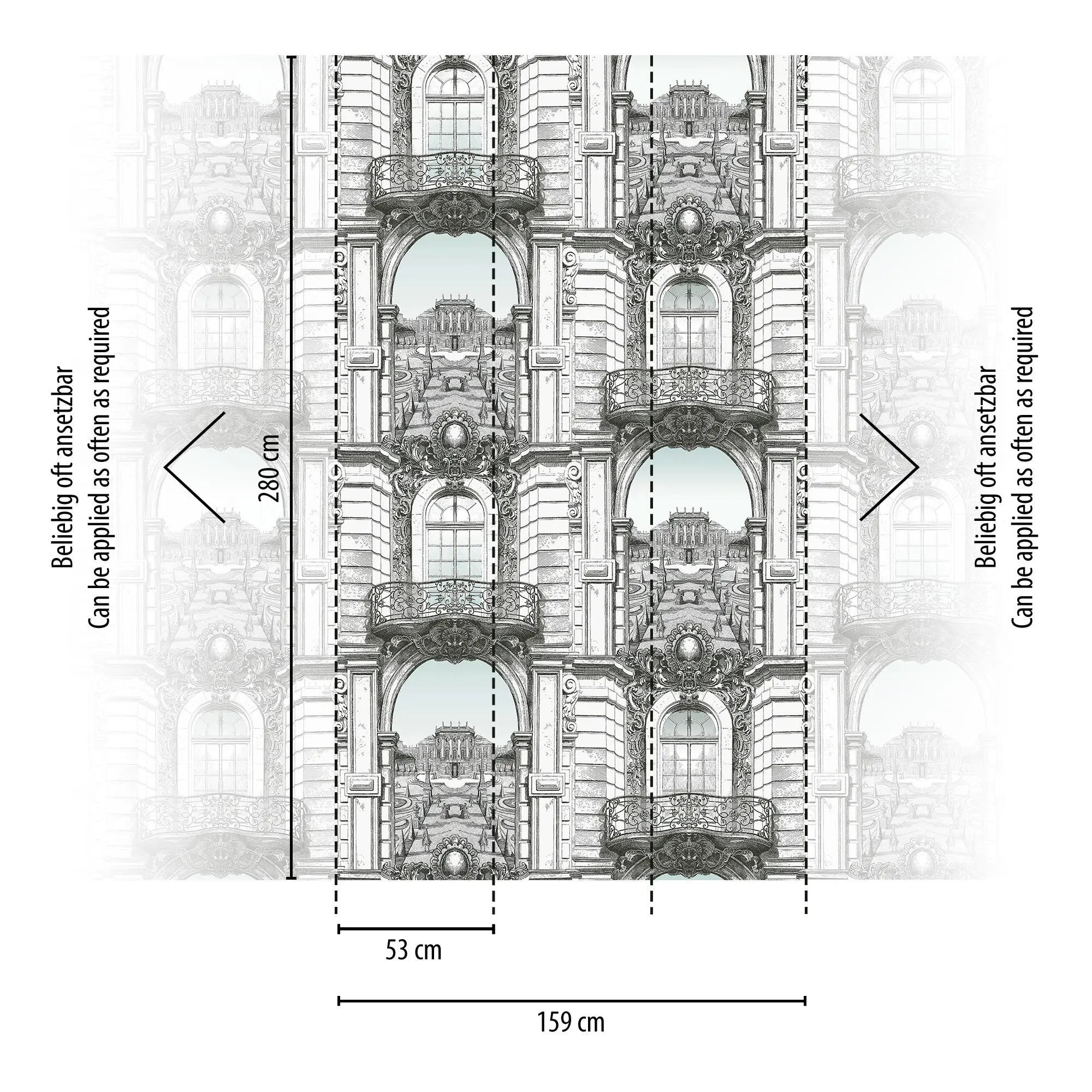 Nicetapet.dk's Arkitektonisk Perspektiv tapet med specifikke mål markeret, der viser designets layout og dimensioner.