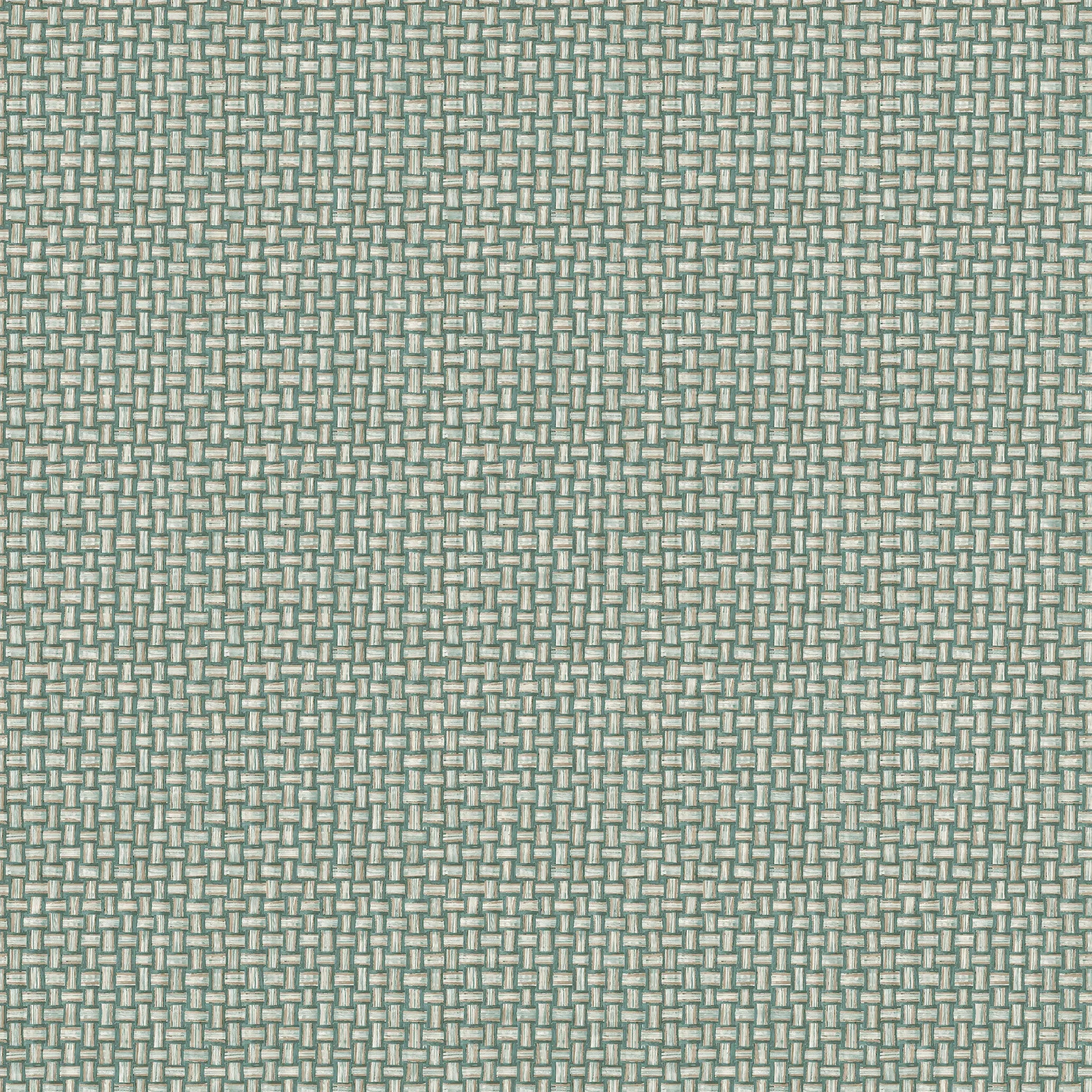 Nærbillede af Biderbost Weave - Teal tapet mønster i et vævet design med teal og beige nuancer.