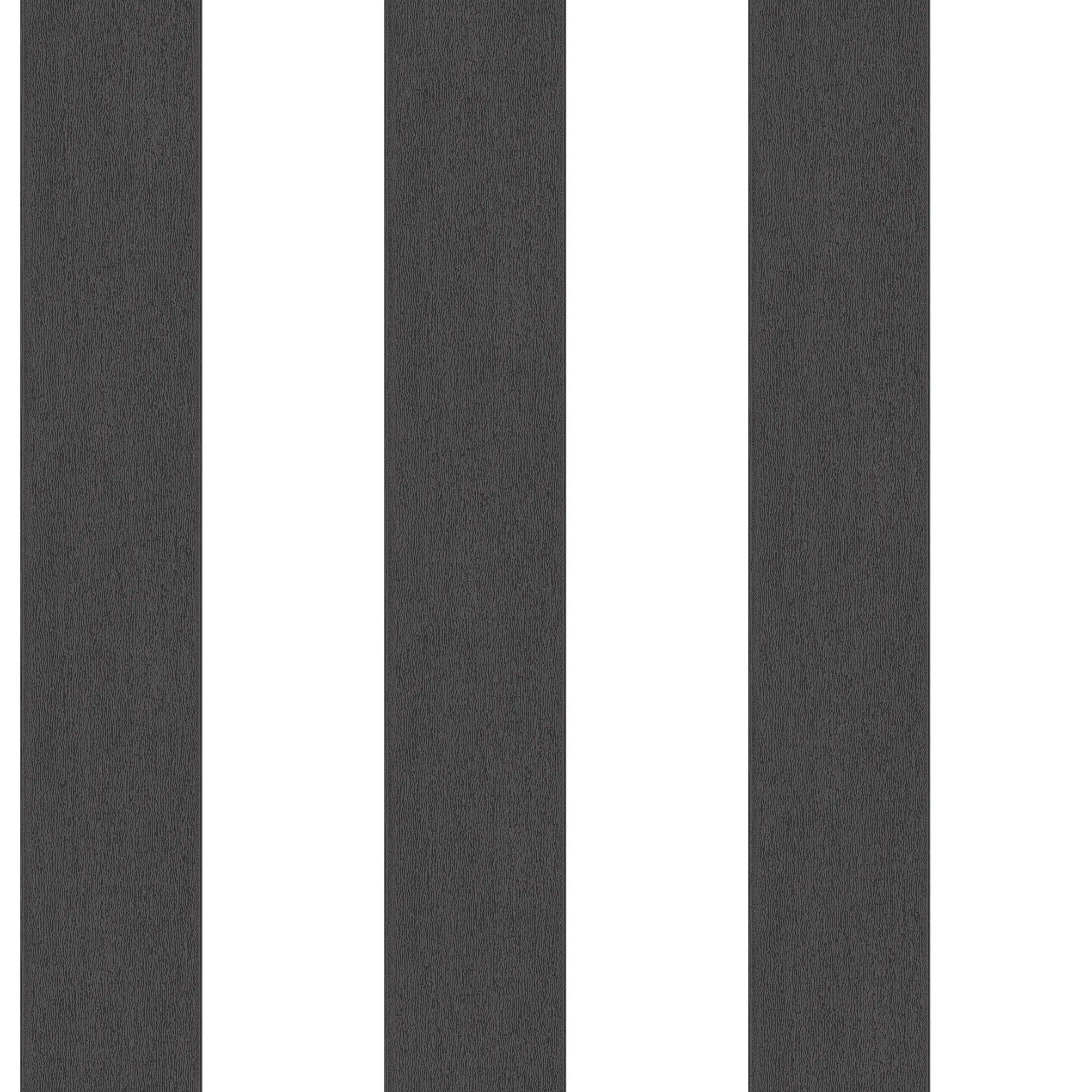 Nærbillede af Block Stripes - Charcoal tapet med skiftevis brede sorte og hvide lodrette striber.