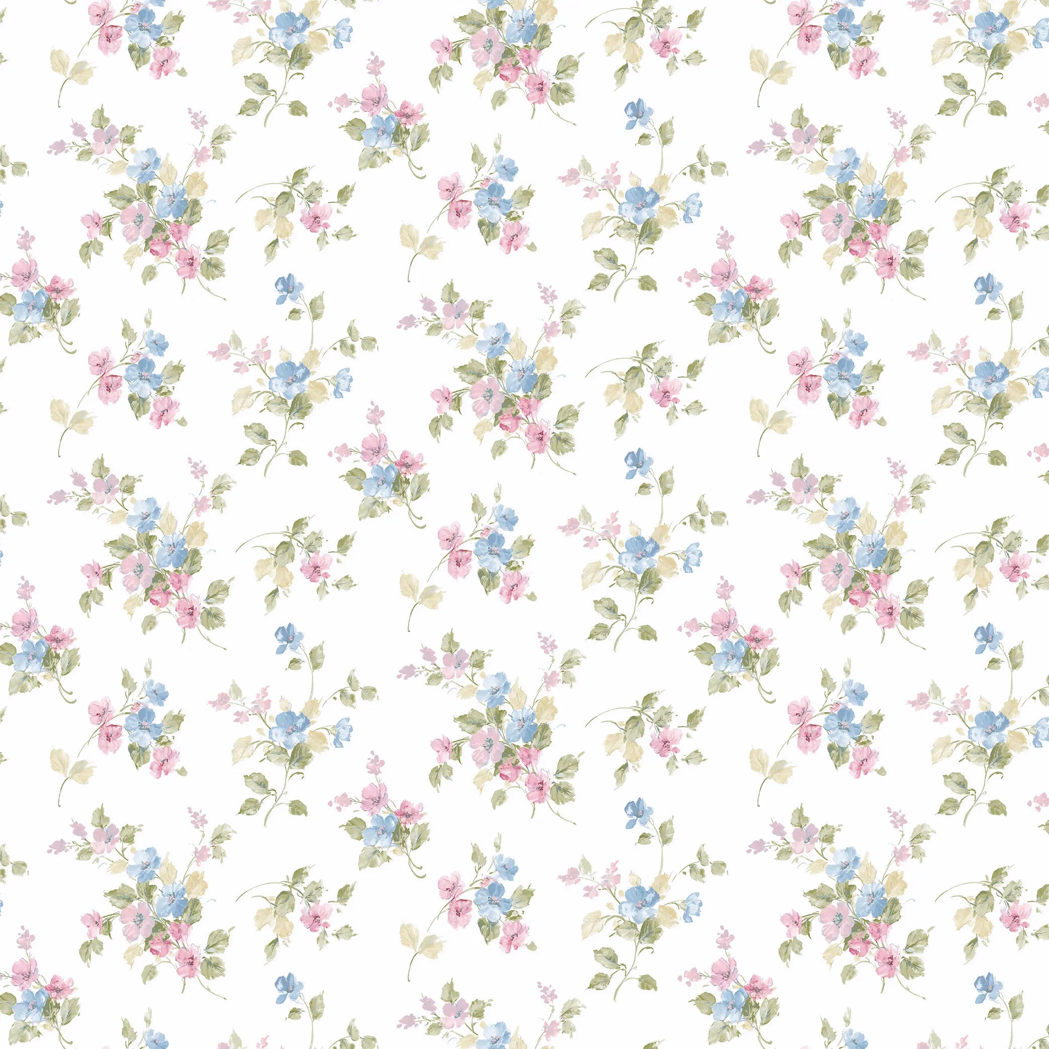 Detaljeret billede af tapetet Blossom Harmony - Pastel Whisper med blomsterillustrationer i pastelnuancer.