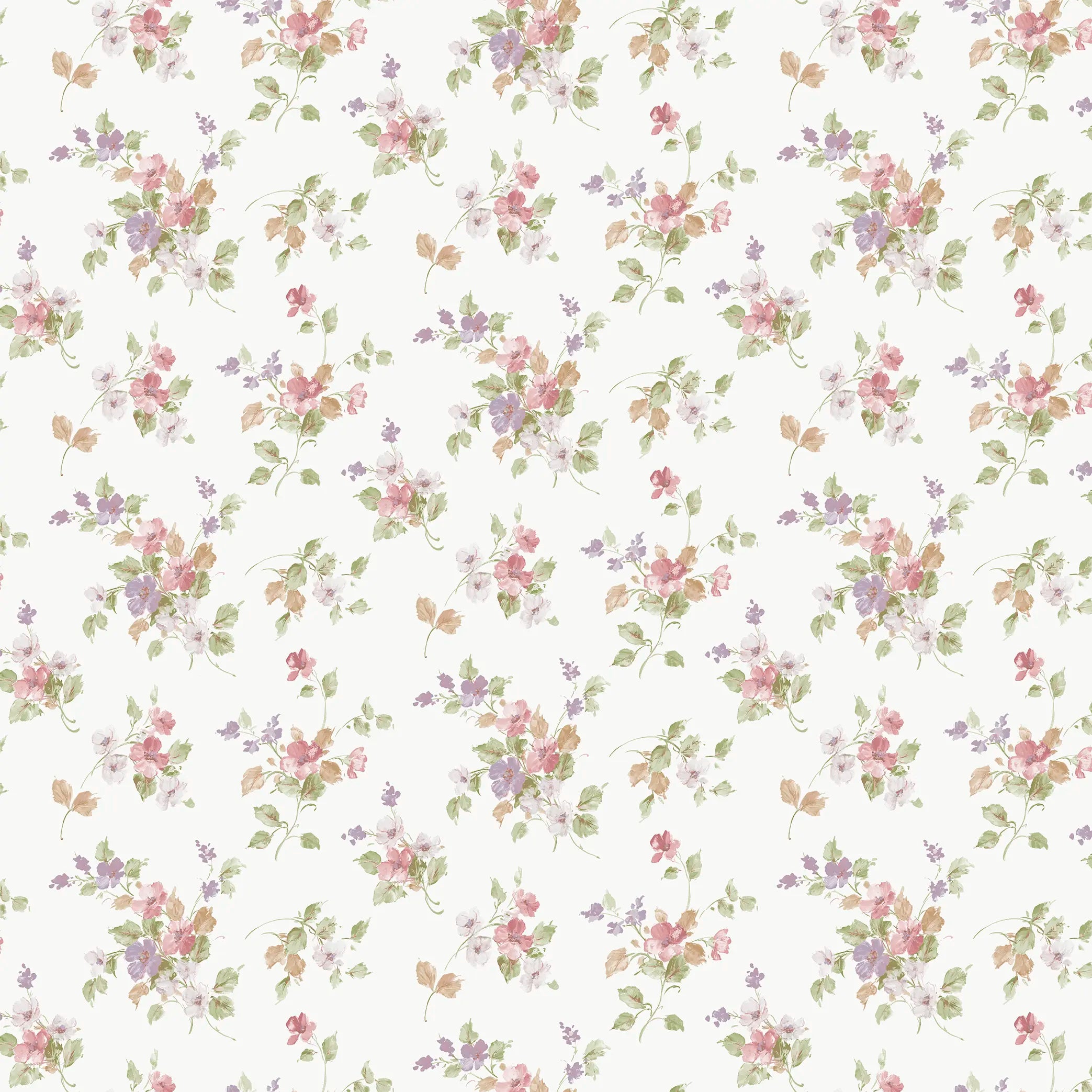 Detaljeret mønster af Blossom Harmony - Rustic Meadow tapet med blomster i forskellige farver og grønne blade på hvid baggrund.