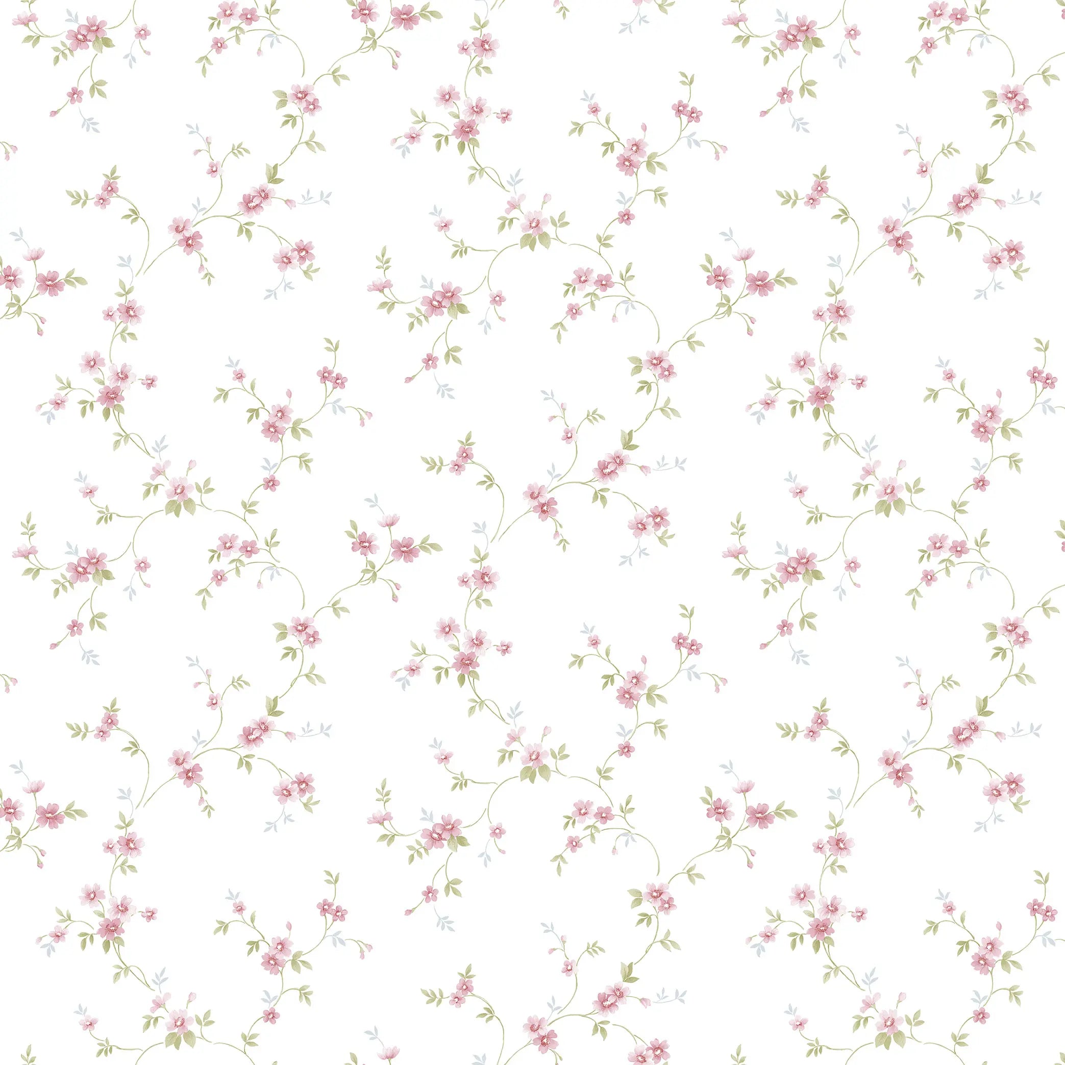 Detaljeret billede af Blossom Whispers - Petal Blush tapet med lyserøde blomster på en hvid baggrund. Tapetet har et elegant og subtilt blomsterdesign.