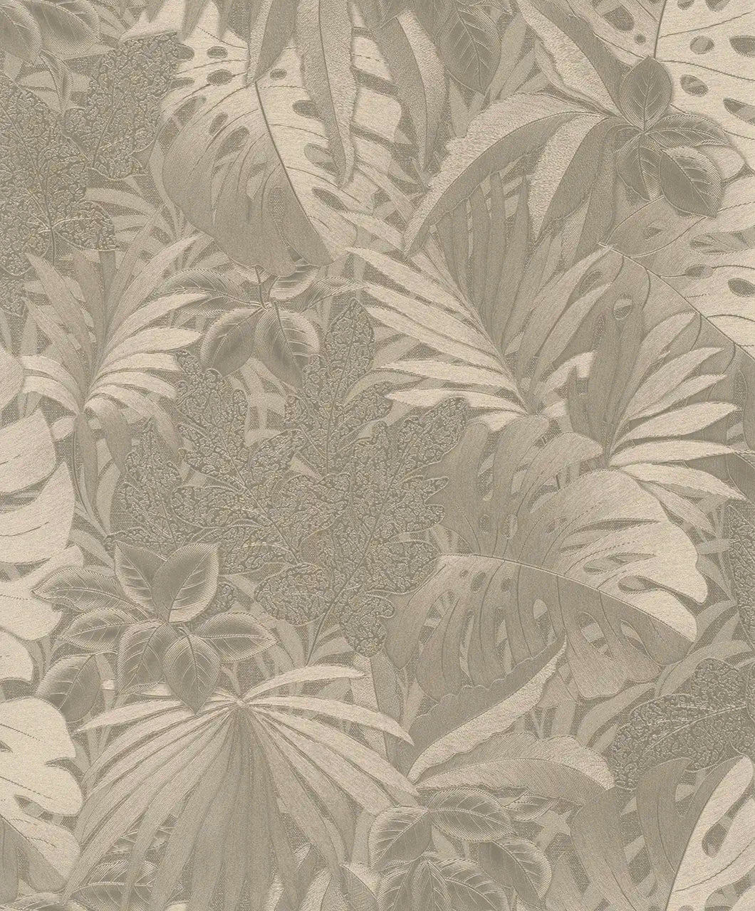 Tapet Botanic Canopy - Taupe med et detaljert mønster af tropiske blade i taupe nuancer.