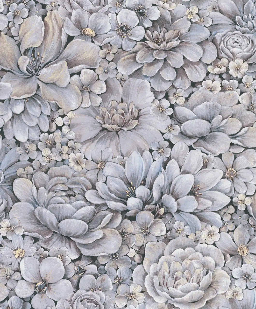 Detaljeret billede af Botanic Harmony - Charcoal tapet, der viser et tæt mønster af sarte blomster i kulfarver.