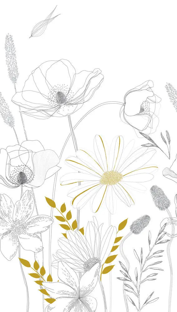 Botanical Sketch - Kamille tapetdesign viser detaljerede skitser af kamille og andre blomster med subtile gule accenter på en hvid baggrund.