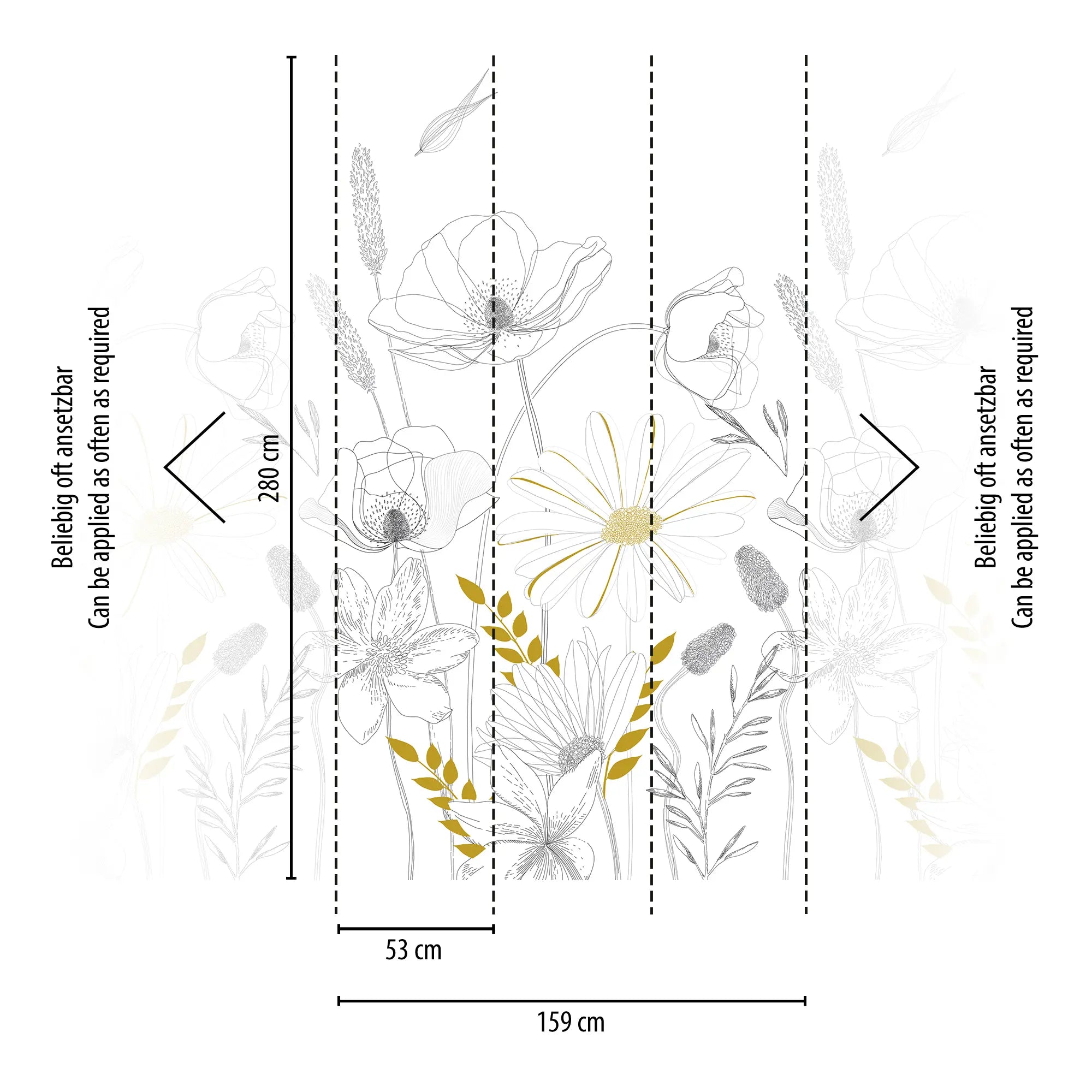 Illustration af Botanical Sketch - Kamille tapetets dimensioner og layout med blomsterdesign opdeleligt i sektioner af 53 cm bredde og 280 cm højde.