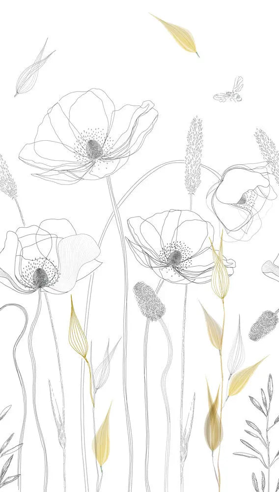 Botanical Sketch - Simple tapet med håndtegnede blomster og græsstrå i en minimalistisk stil på en hvid baggrund.