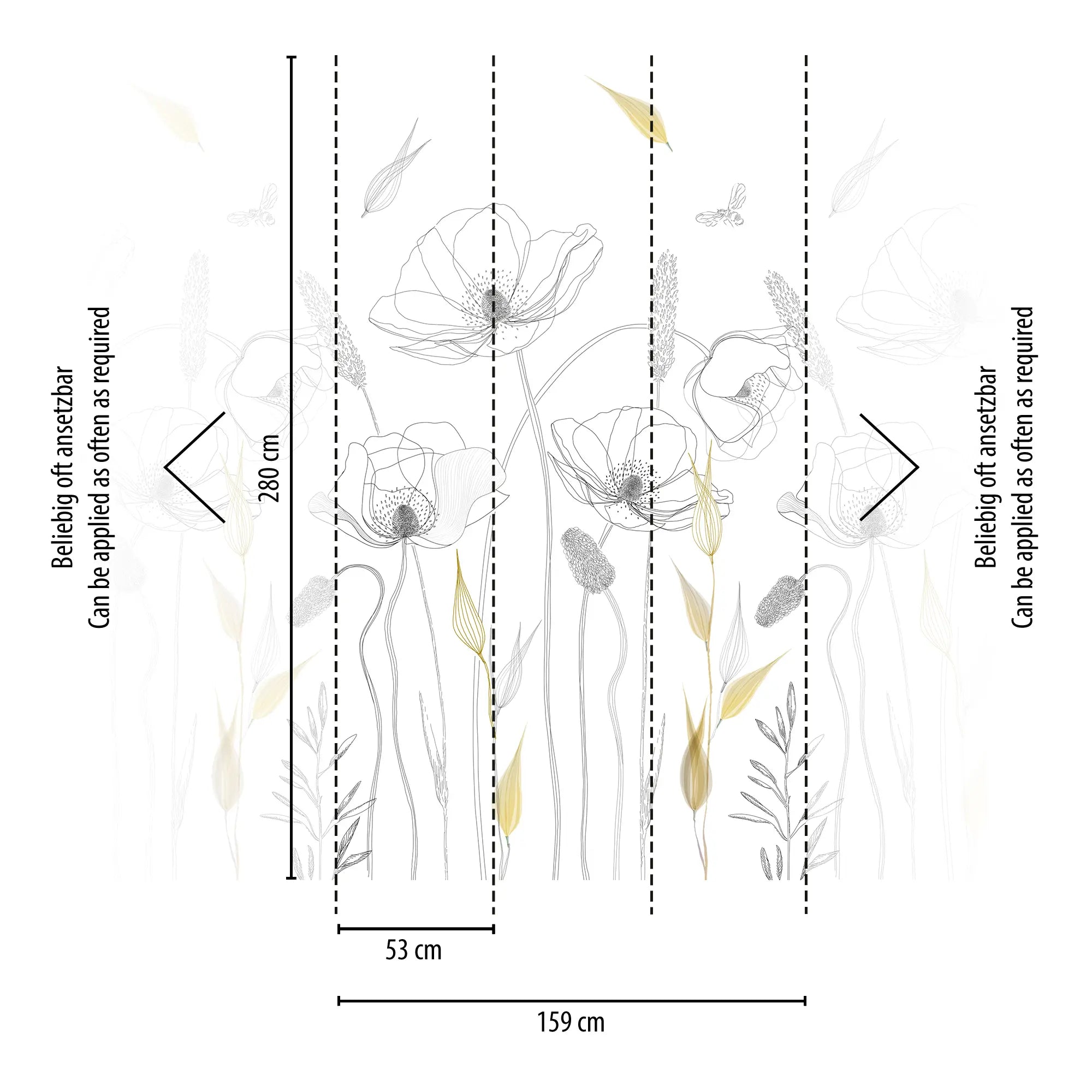 Botanical Sketch - Simple tapet installationsguide med opdelte sektioner viser mål på 280 cm højde og 159 cm bredde.