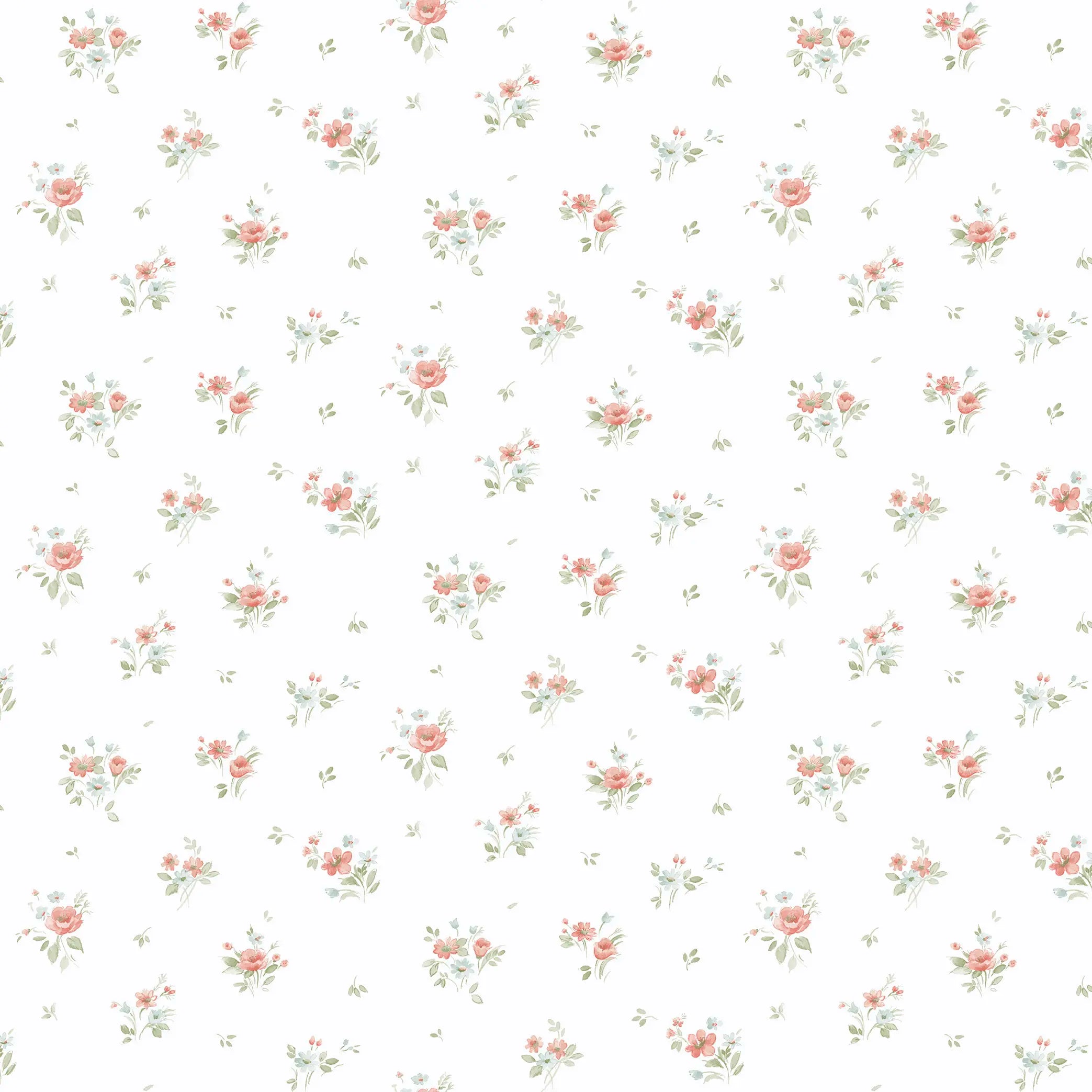 Tapetdesign med små, delikate blomster i rosa farver mod en lys, pastelgrøn baggrund. Produktnavn: Bouquet Harmony - Pastel Green.