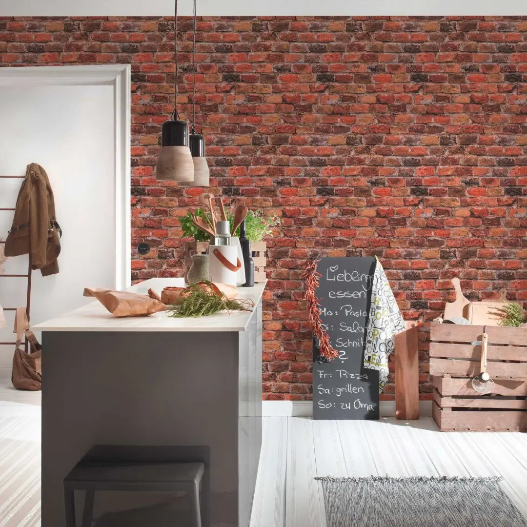 Moderne køkkenindretning med Brick Beat - Rustic tapet fra Nicetapet.dk, der dækker en væg i en varm murstenslook og skaber en hyggelig atmosfære.