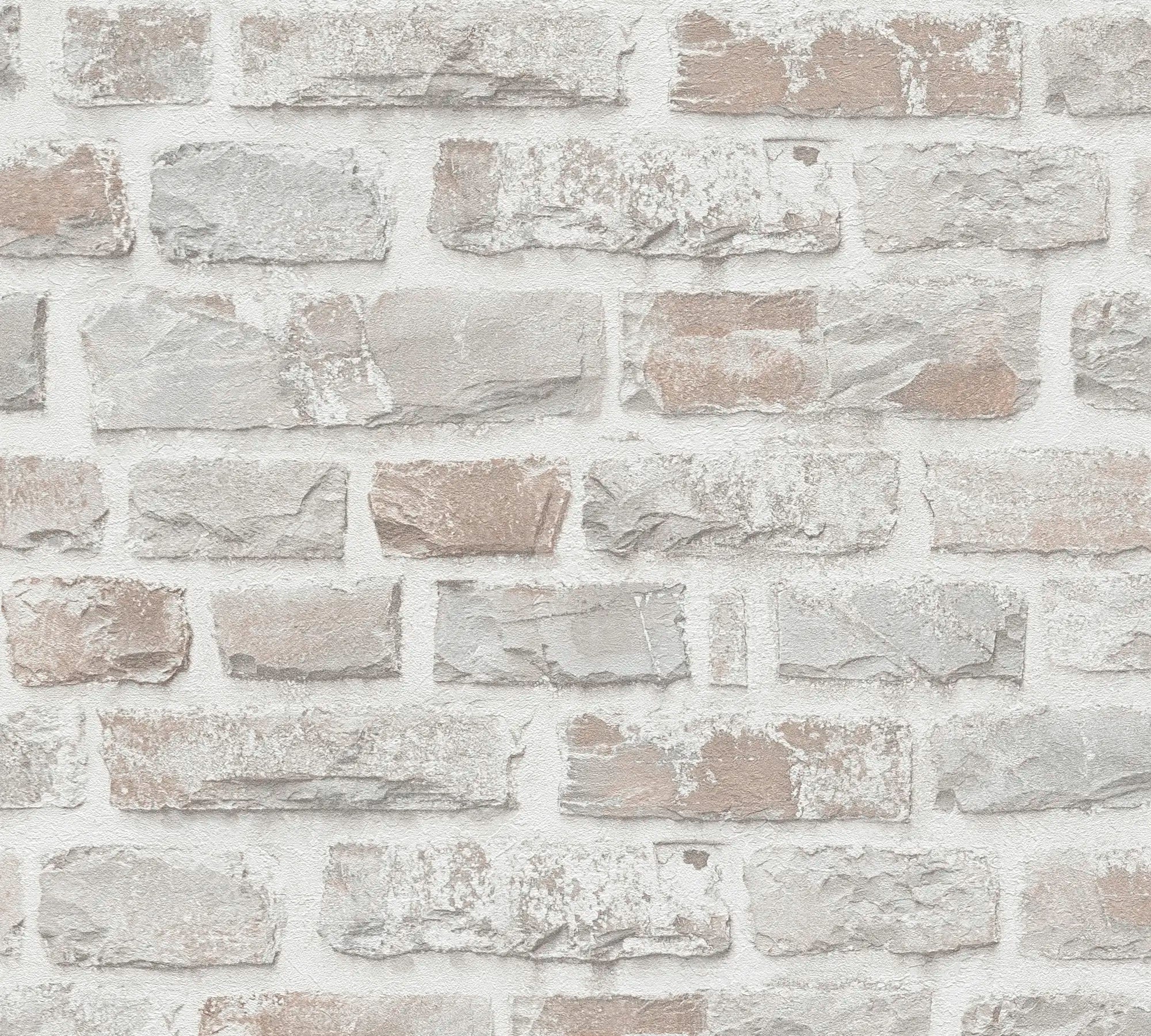 Nærbillede af tapetet Brick Heritage - Stone Mist, viser detaljerede grå og beige murstensmønstrede overflade.