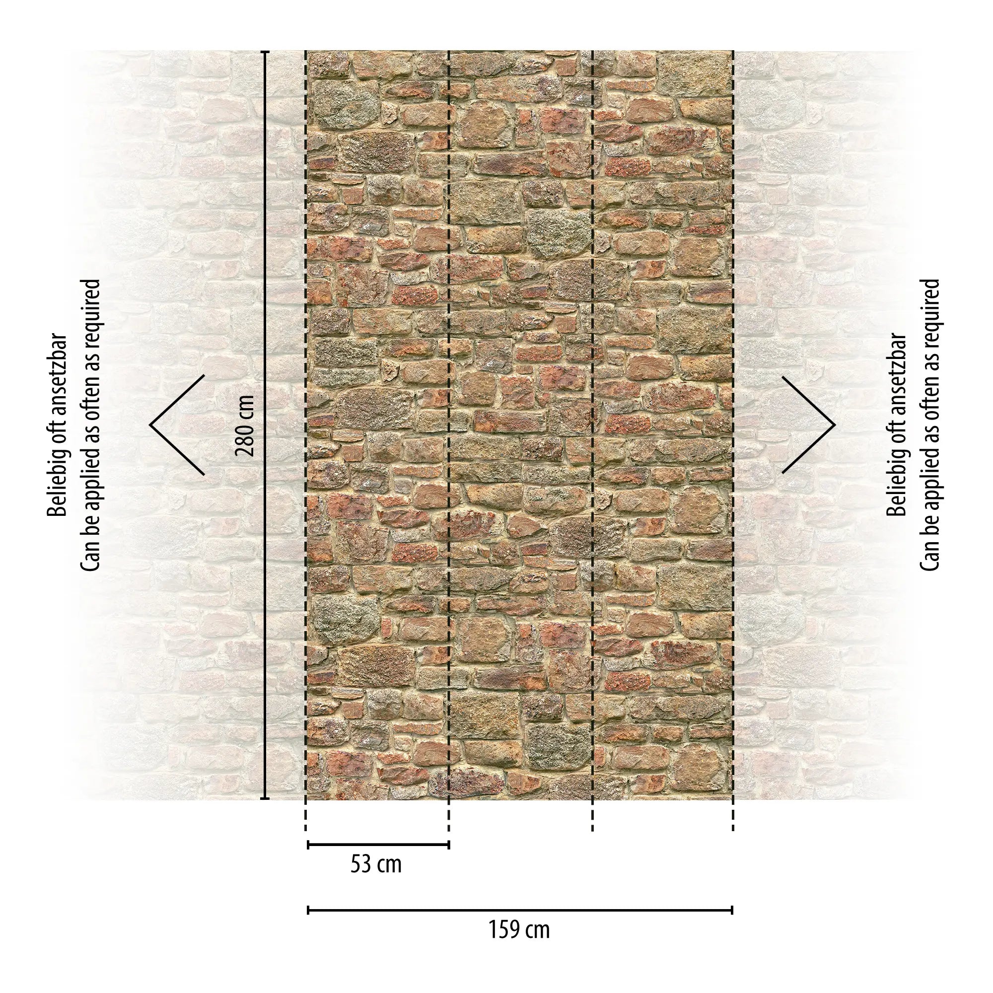 Brick Legacy tapet med dimensioner og panelvisning. Målene er vist som værende 280 cm i højde og 159 cm i bredde.