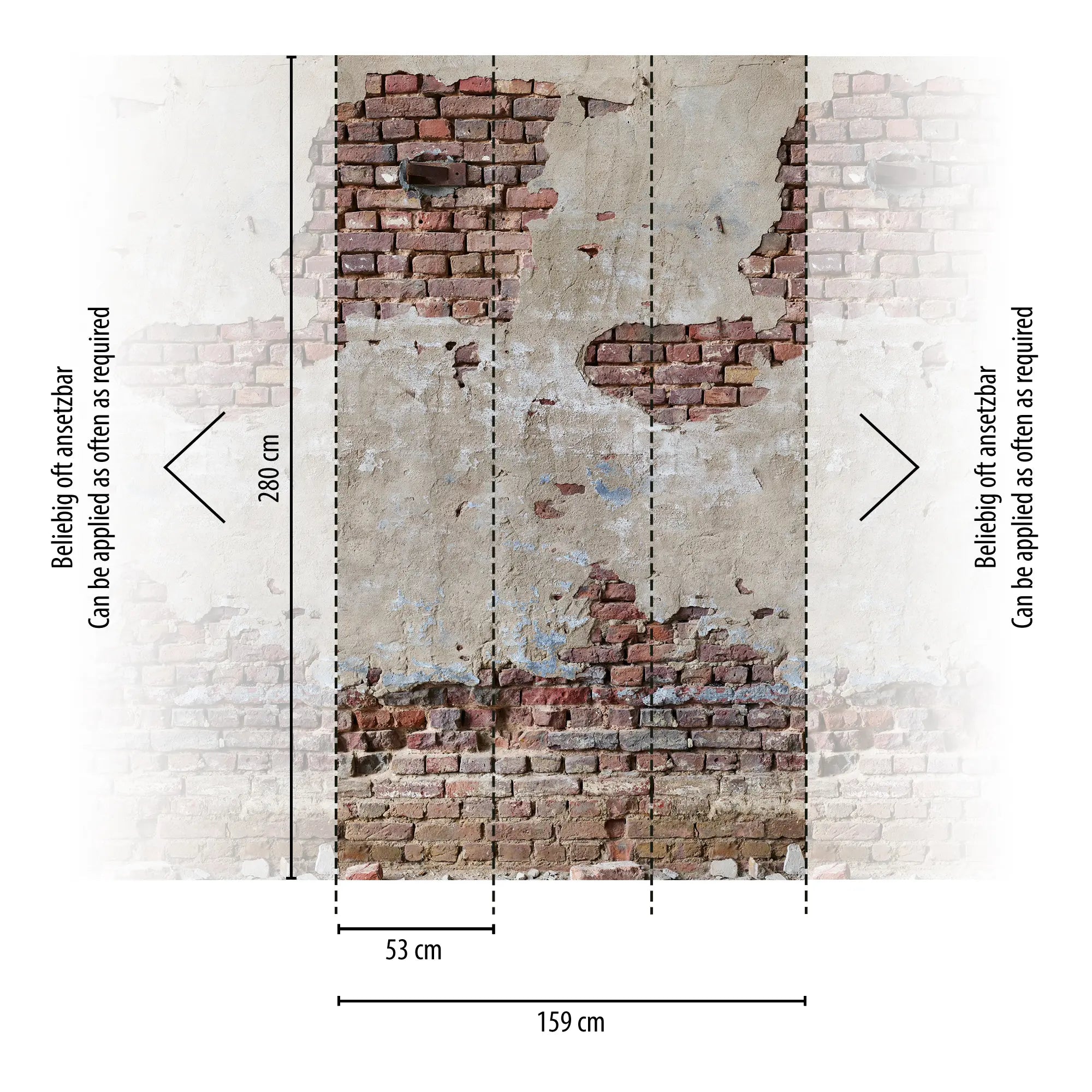 Detaljeret billede af Brickwork Memory tapet med mål på 280 cm højde og 159 cm bredde med segmentbeskrivelser.