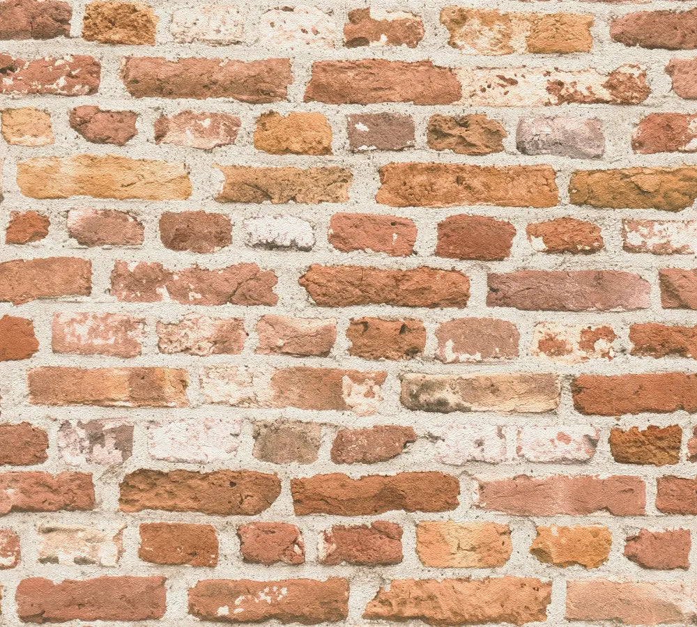 Detaljeret visning af Brickwork Pulse - Rustic tapet med forskellige nuancer af røde, brune og beige mursten.