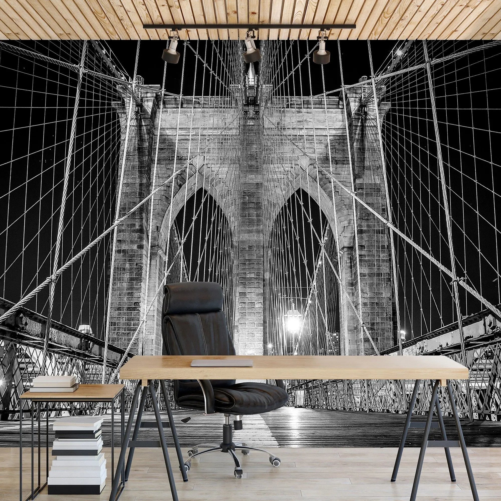 Billede 7 af Fototapet - Brooklyn Bridge om natten i sort-hvid