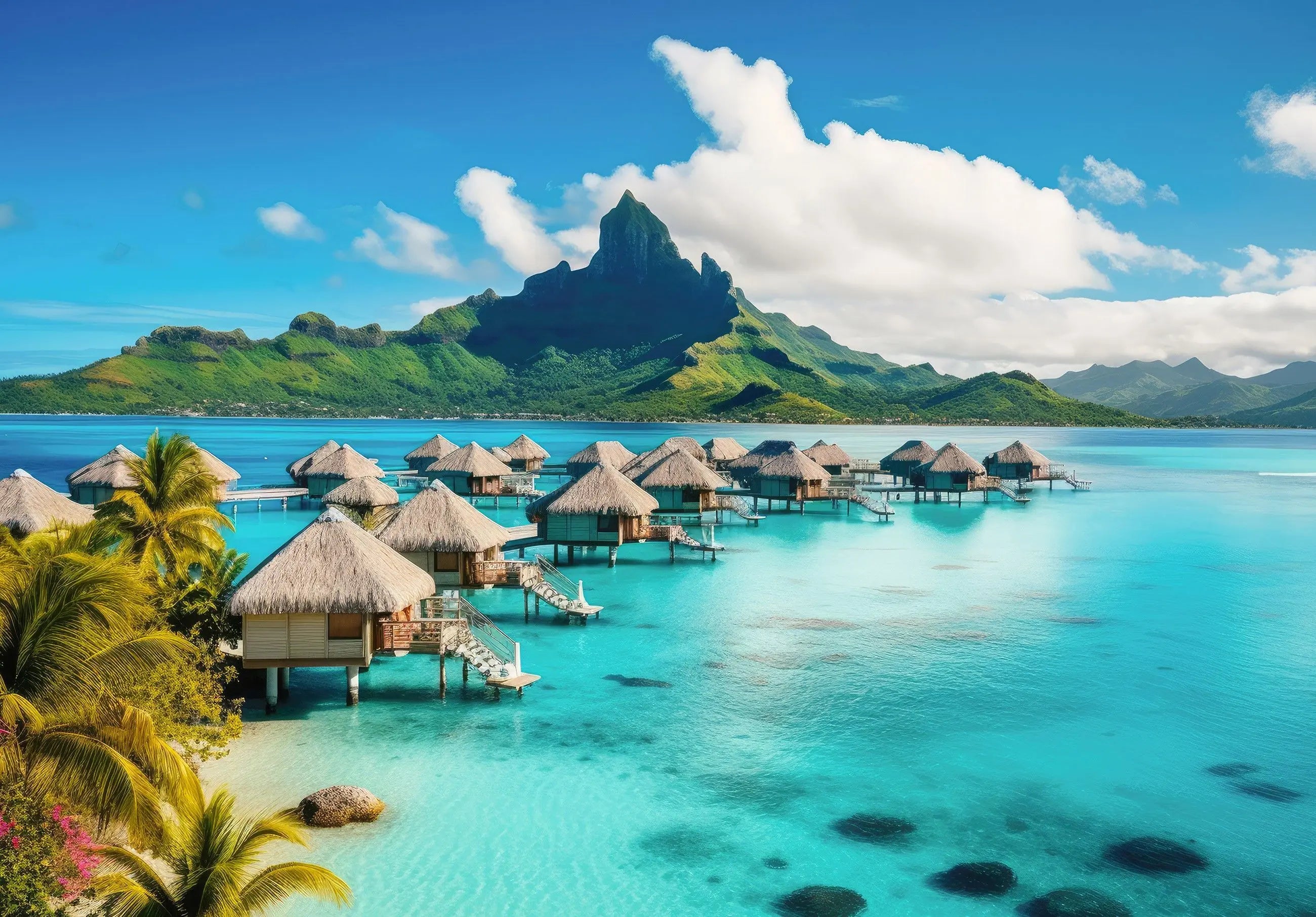 Billede 1 af Fototapet - Bungalows over Blå Lagune med Bjerge i Baggrunden i Bora Bora