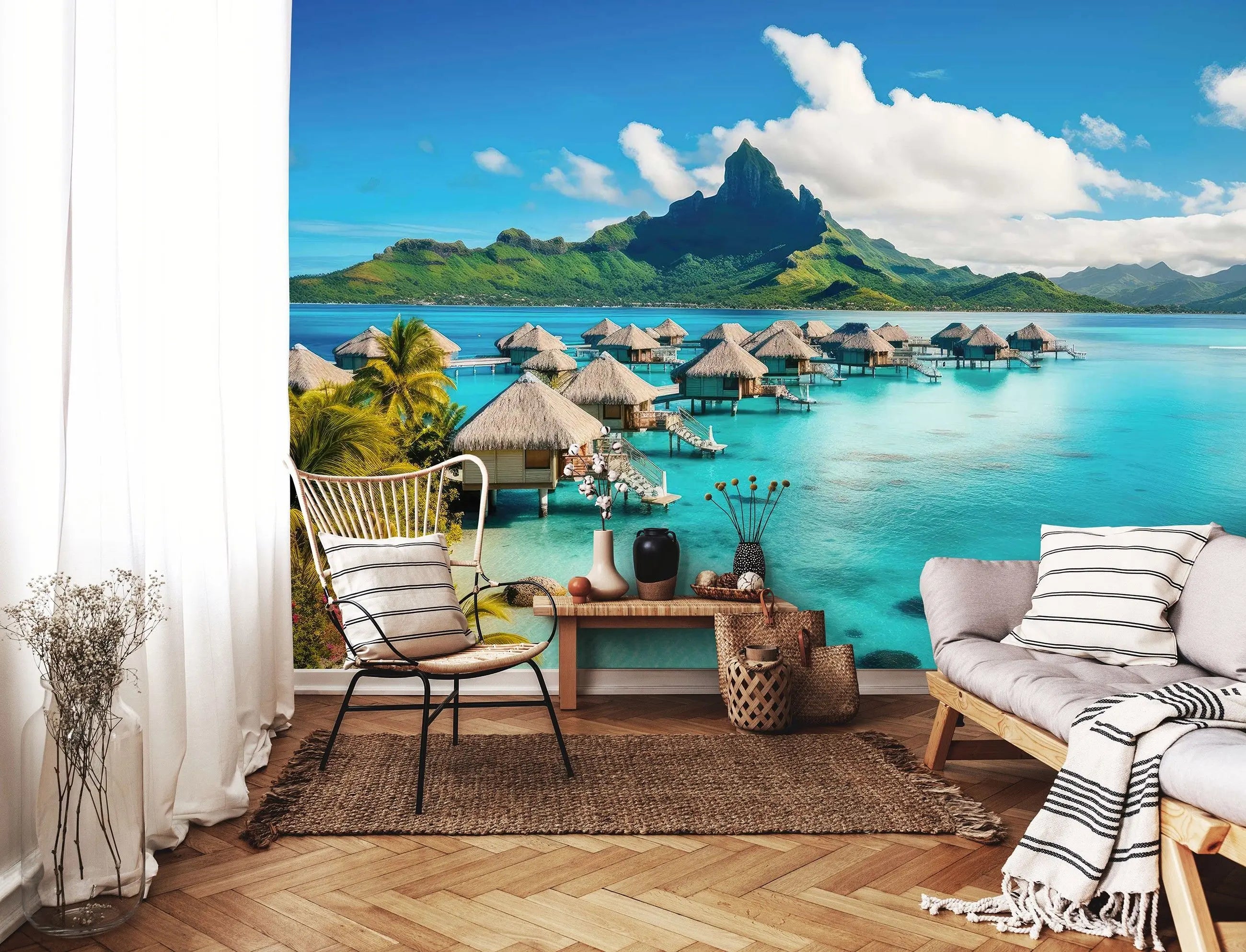 Billede 3 af Fototapet - Bungalows over Blå Lagune med Bjerge i Baggrunden i Bora Bora