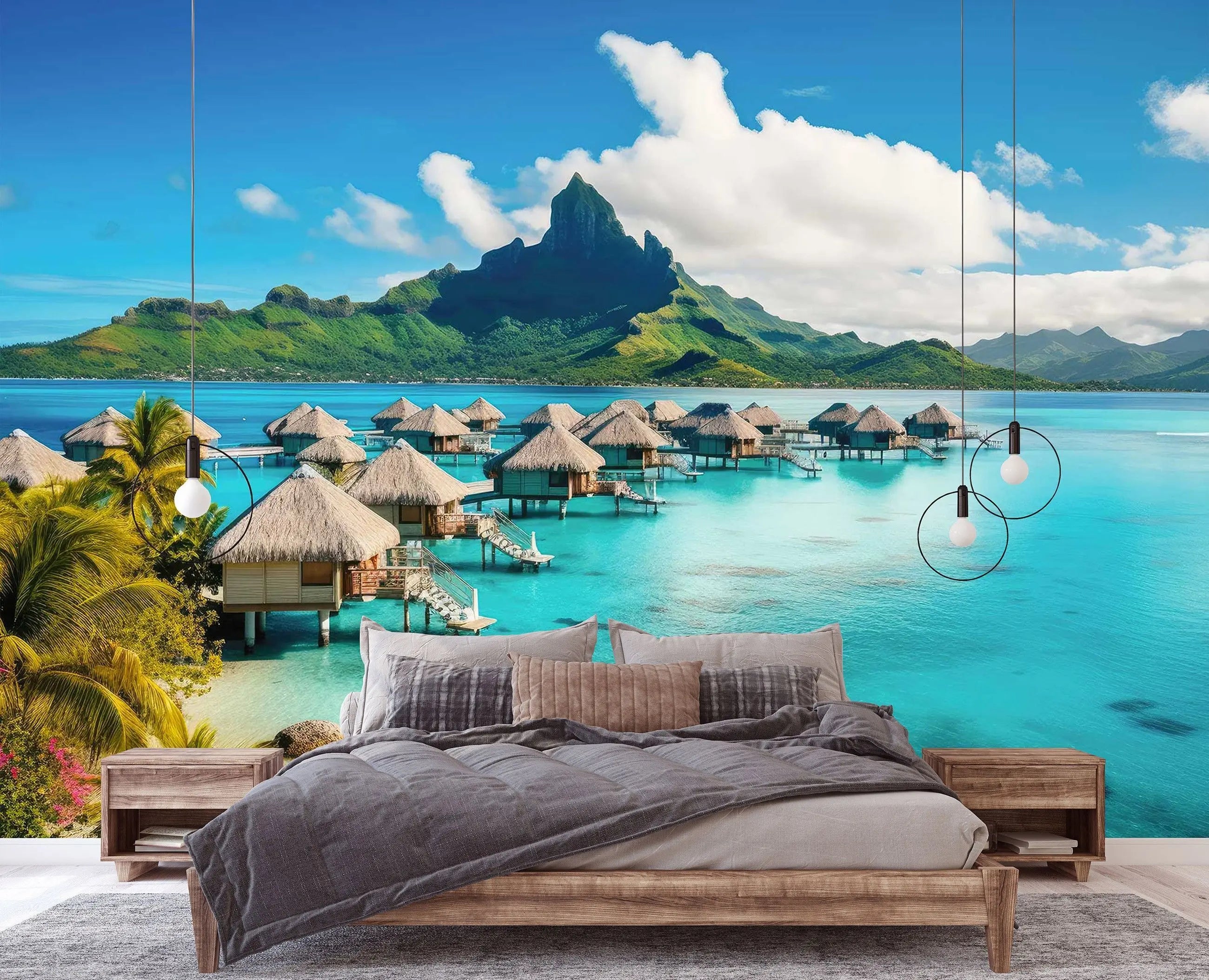 Billede 4 af Fototapet - Bungalows over Blå Lagune med Bjerge i Baggrunden i Bora Bora