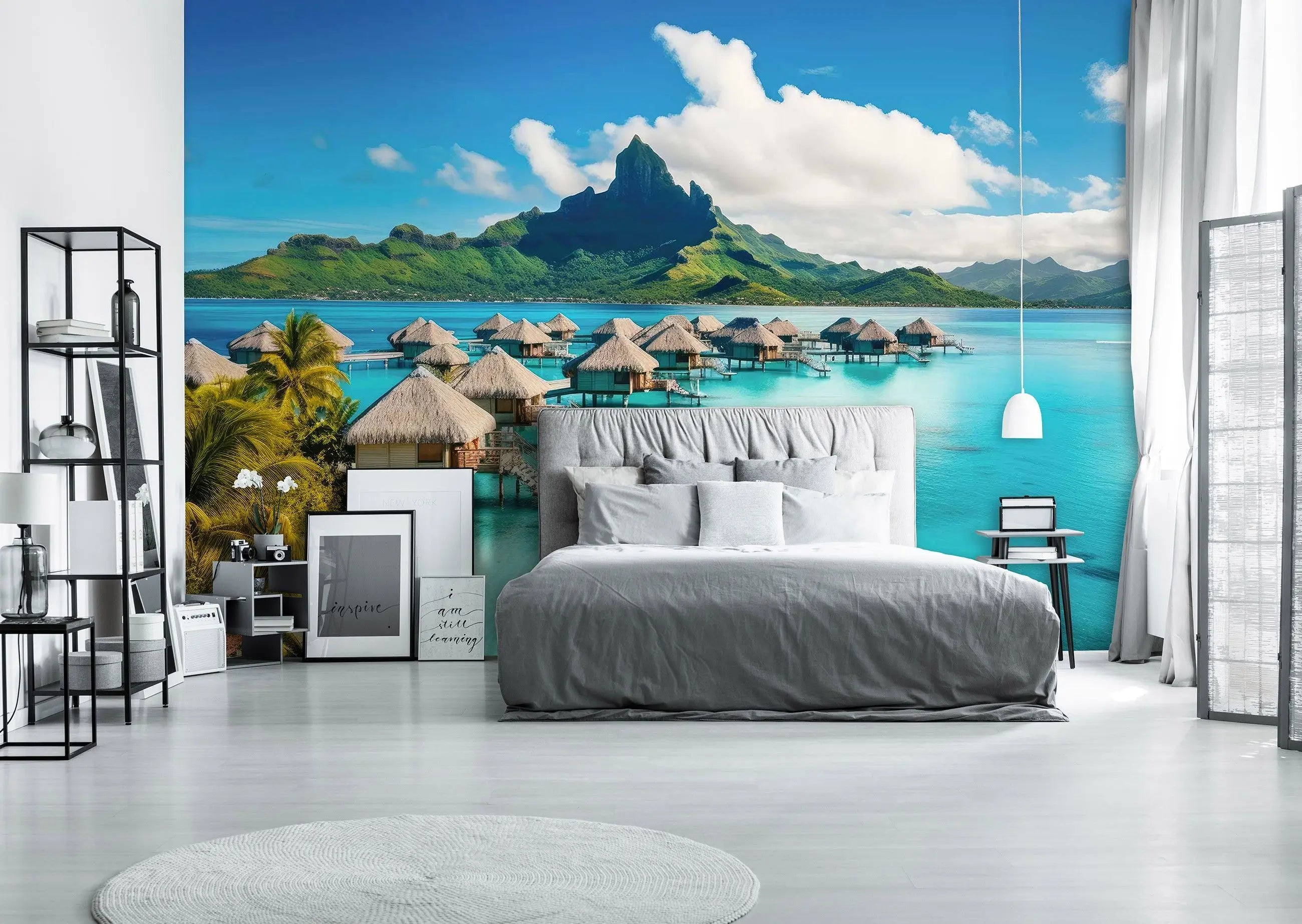 Billede 5 af Fototapet - Bungalows over Blå Lagune med Bjerge i Baggrunden i Bora Bora