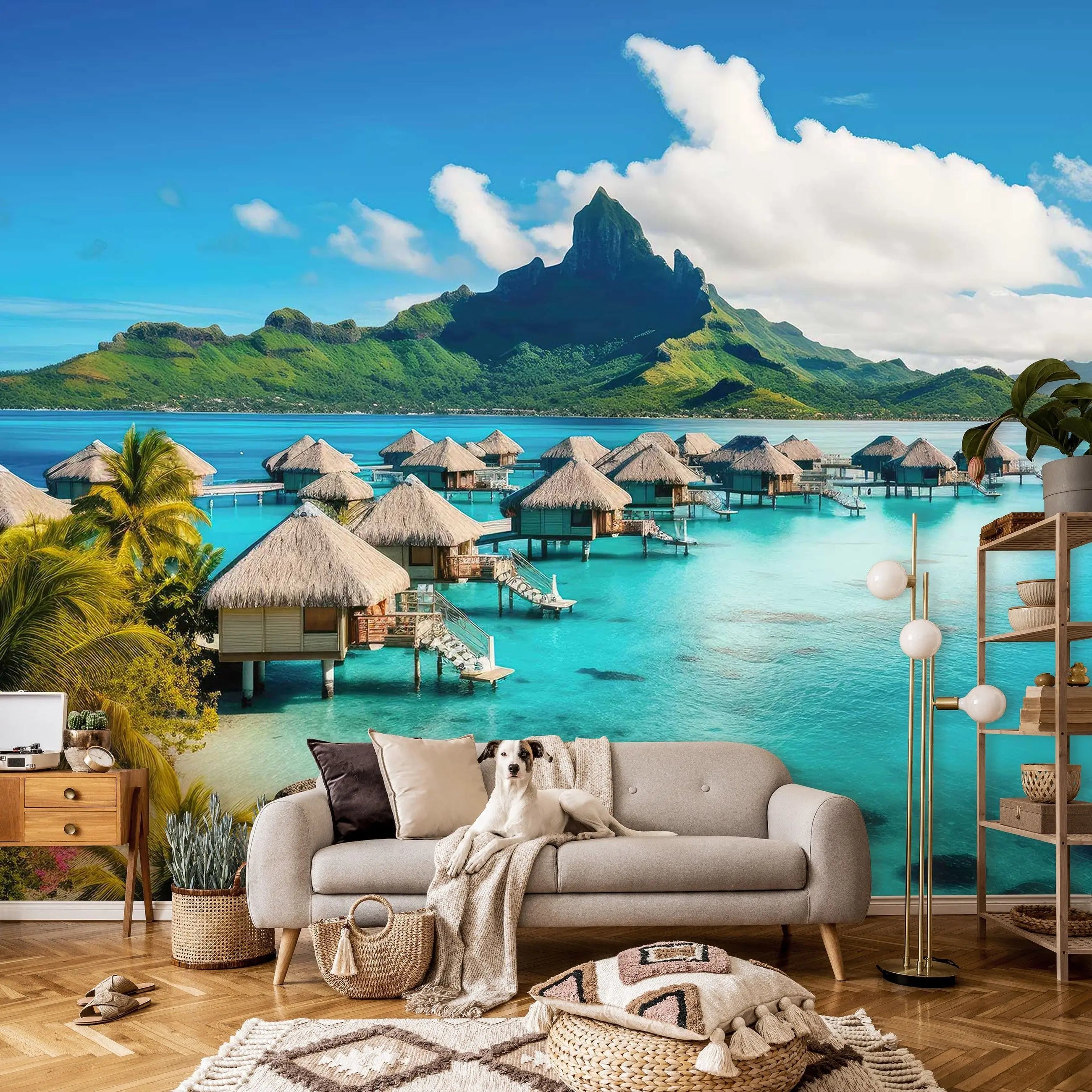 Billede 6 af Fototapet - Bungalows over Blå Lagune med Bjerge i Baggrunden i Bora Bora