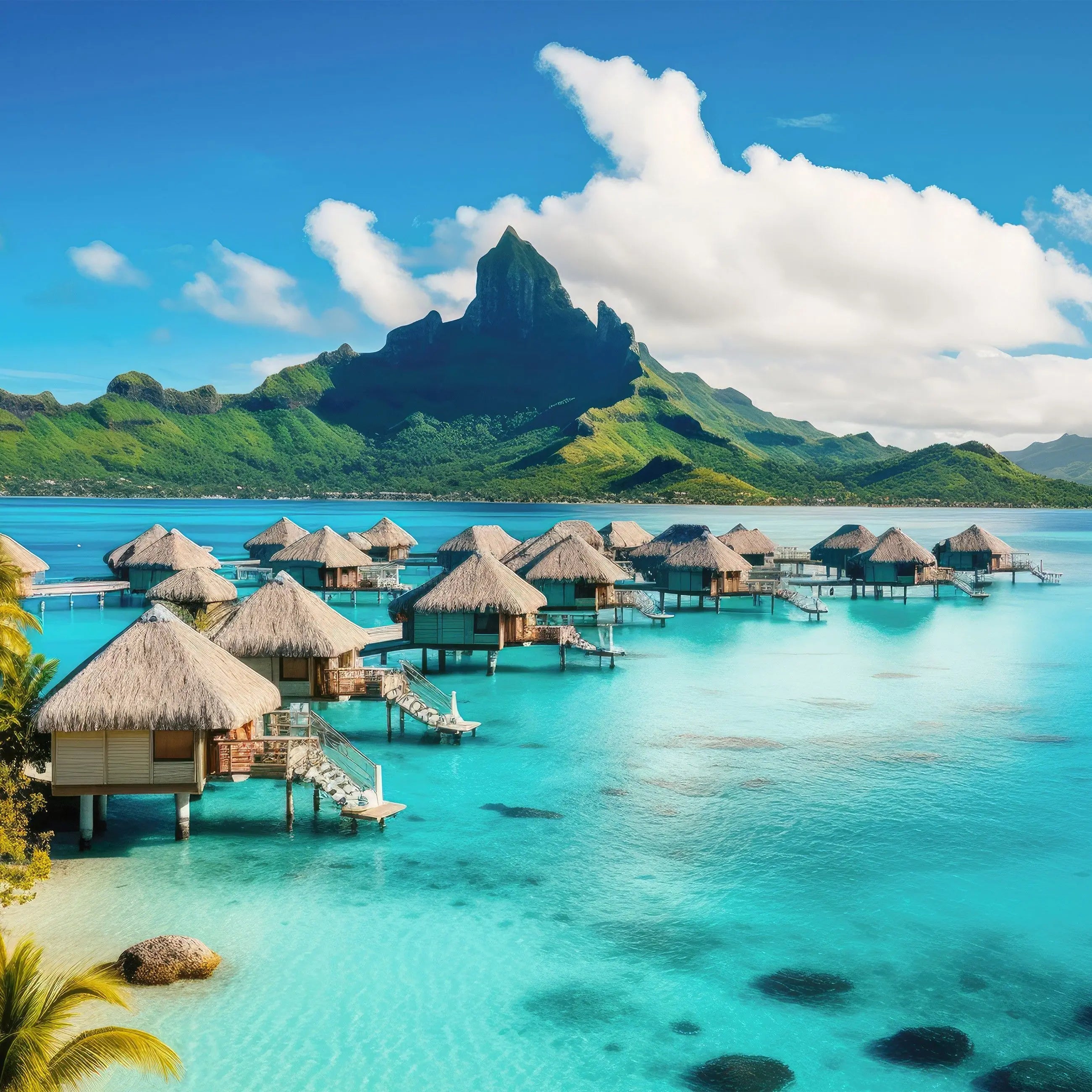 Billede 7 af Fototapet - Bungalows over Blå Lagune med Bjerge i Baggrunden i Bora Bora