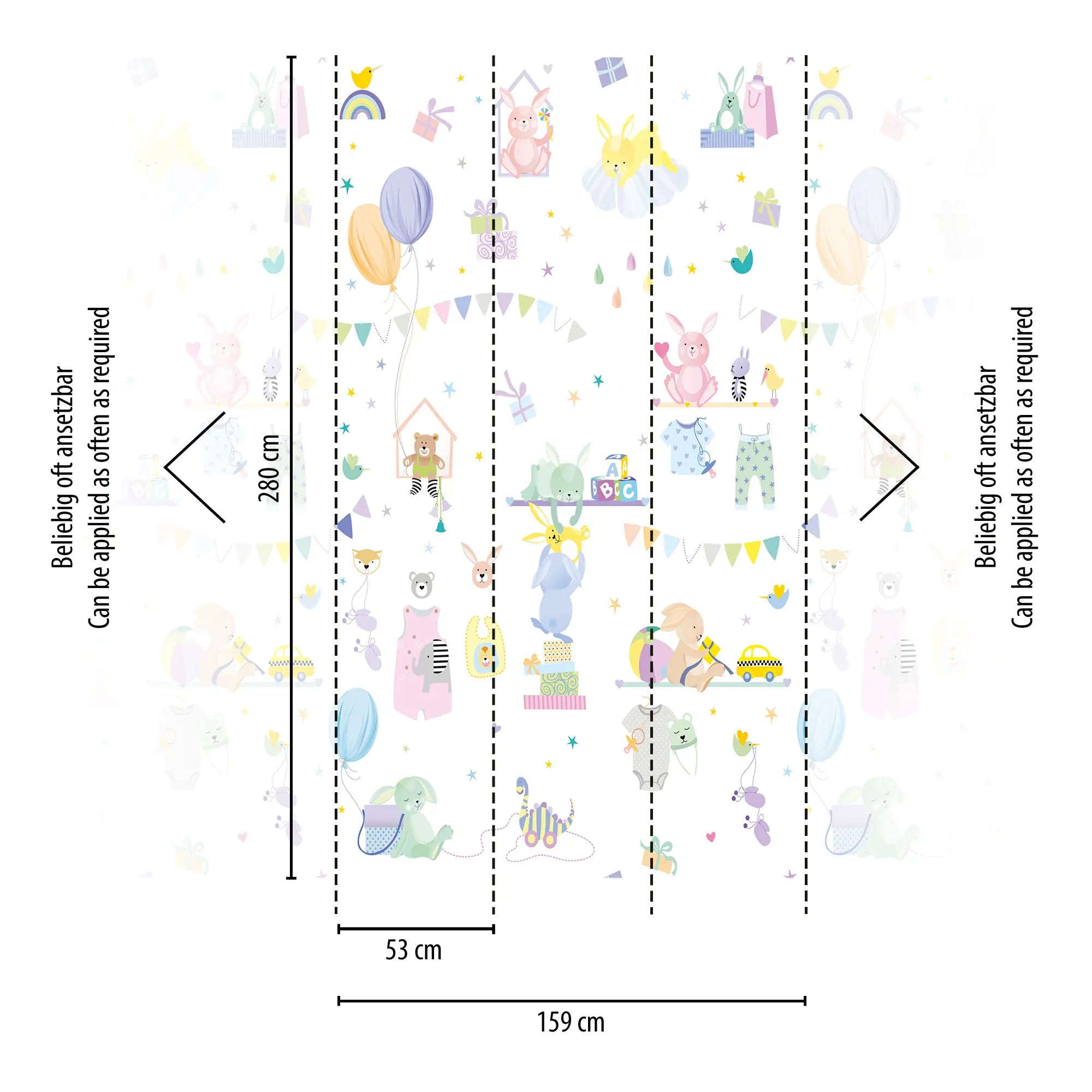 Bunny Friends produktet viser tapetets dimensioner med sektioner på 53 cm bredde og 280 cm højde, der kan gentages efter behov for en ensartet indretning.