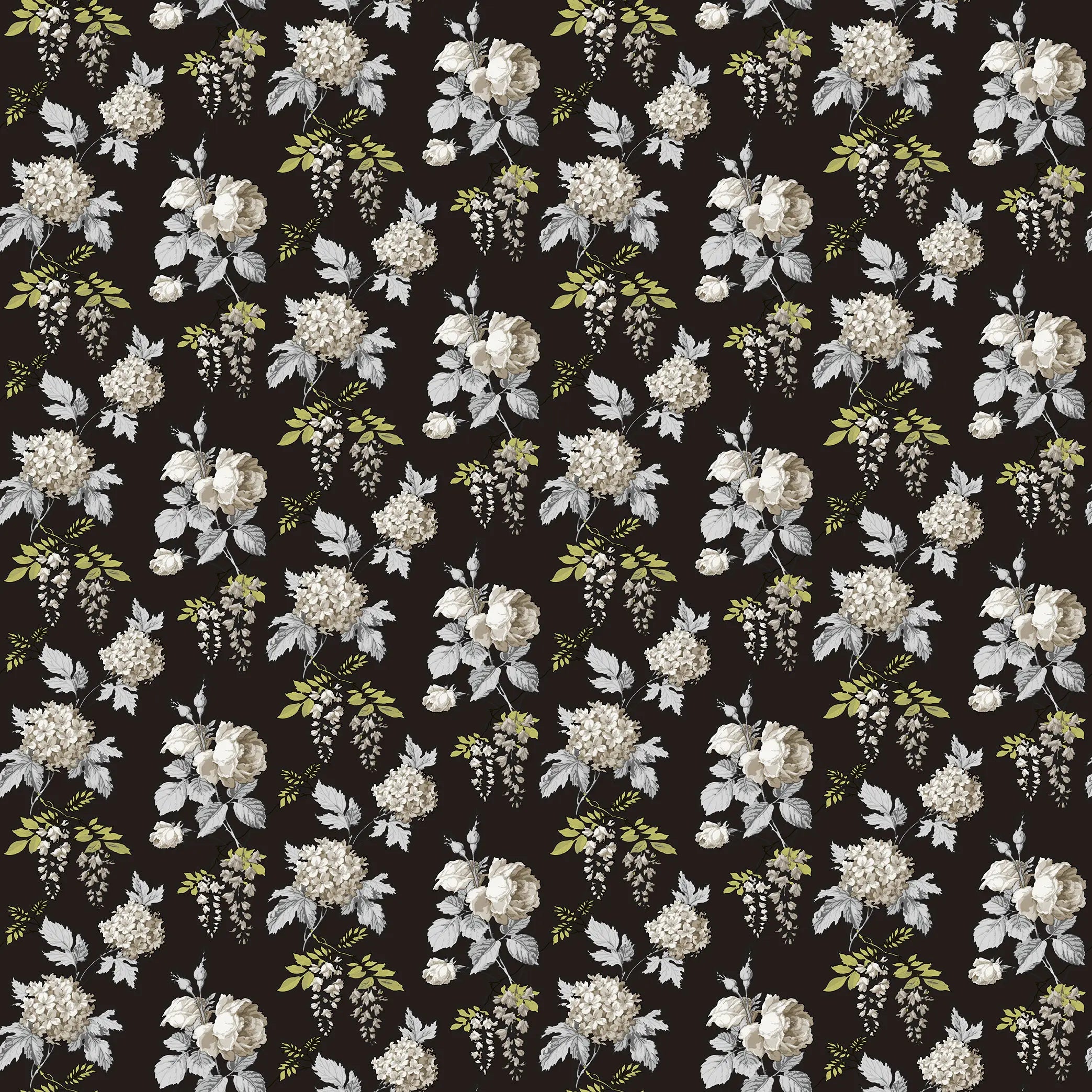 Detaljeret visning af Cascade of Blooms - Noir Elegance tapet fra Nicetapet.dk. Tapetet viser et gentaget mønster af elegante blomster i nuancer af hvidt og grønt på en sort baggrund.