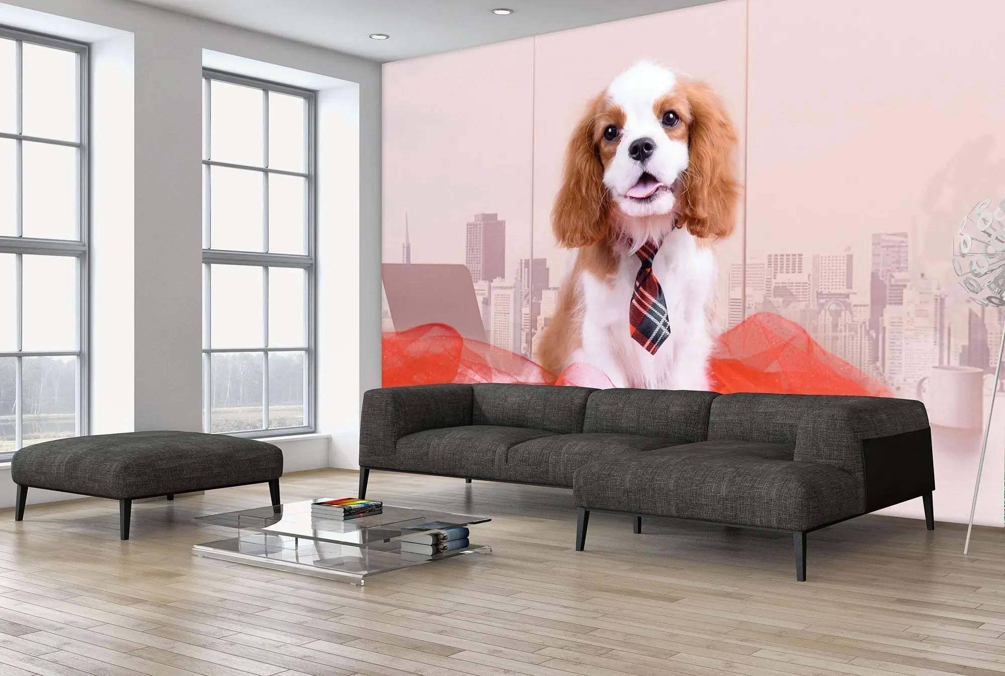 Billede 3 af Fototapet - Cavalier King Charles Spaniel med slips i kontoret