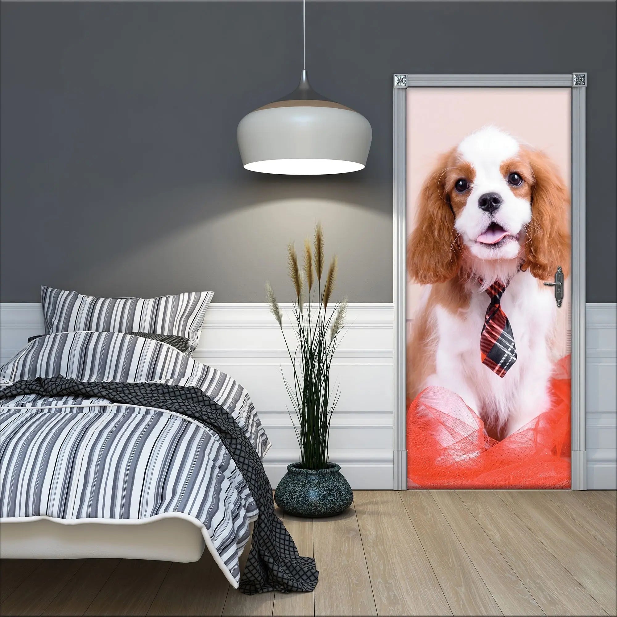 Billede 6 af Fototapet - Cavalier King Charles Spaniel med slips i kontoret