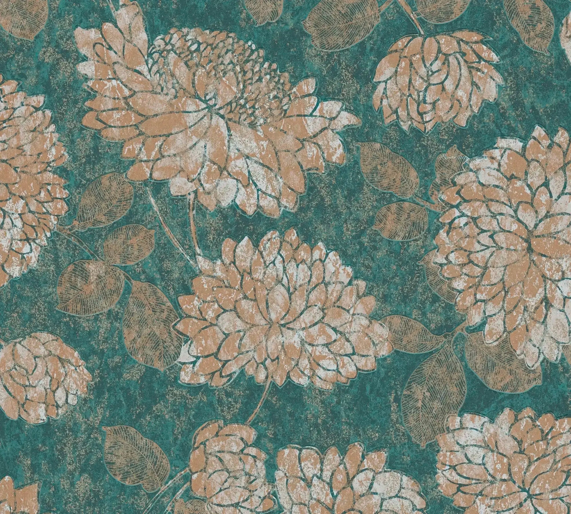 Et nærbillede af Chrysanthemum Dreams - Teal tapet, der viser detaljerede gyldne krysantemumblomster på en teal baggrund.