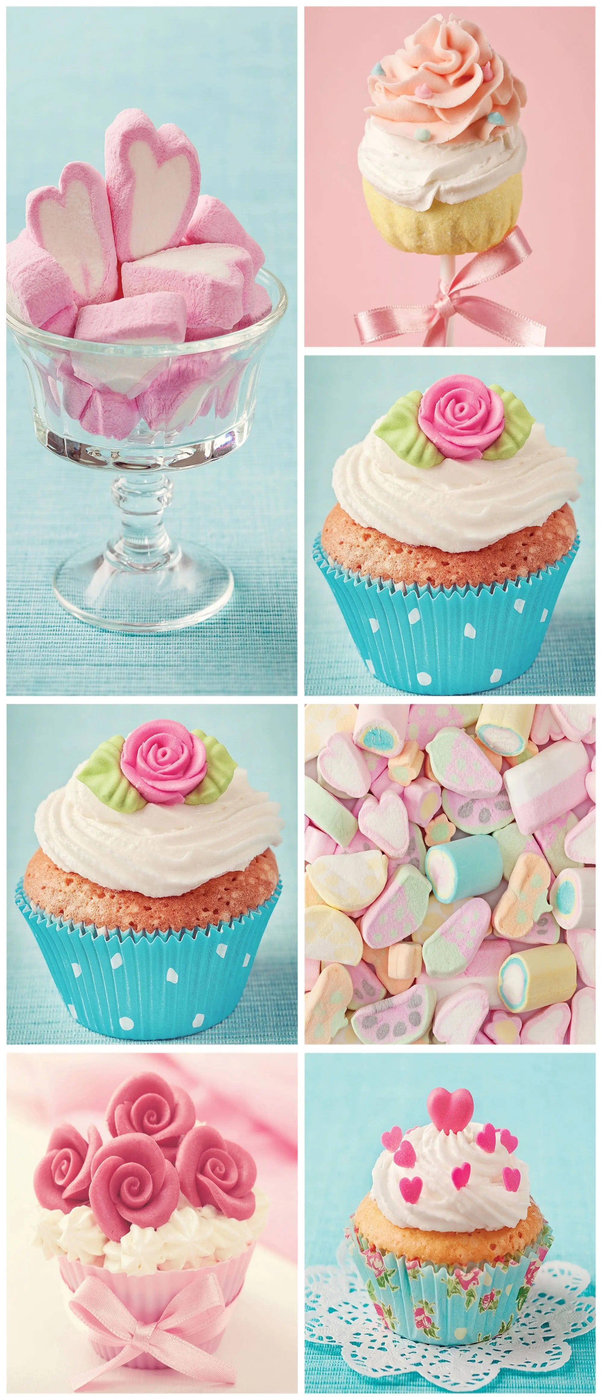 Billede 14 af Fototapet - Collage med Cupcakes og Pastelfarvet Konfekt