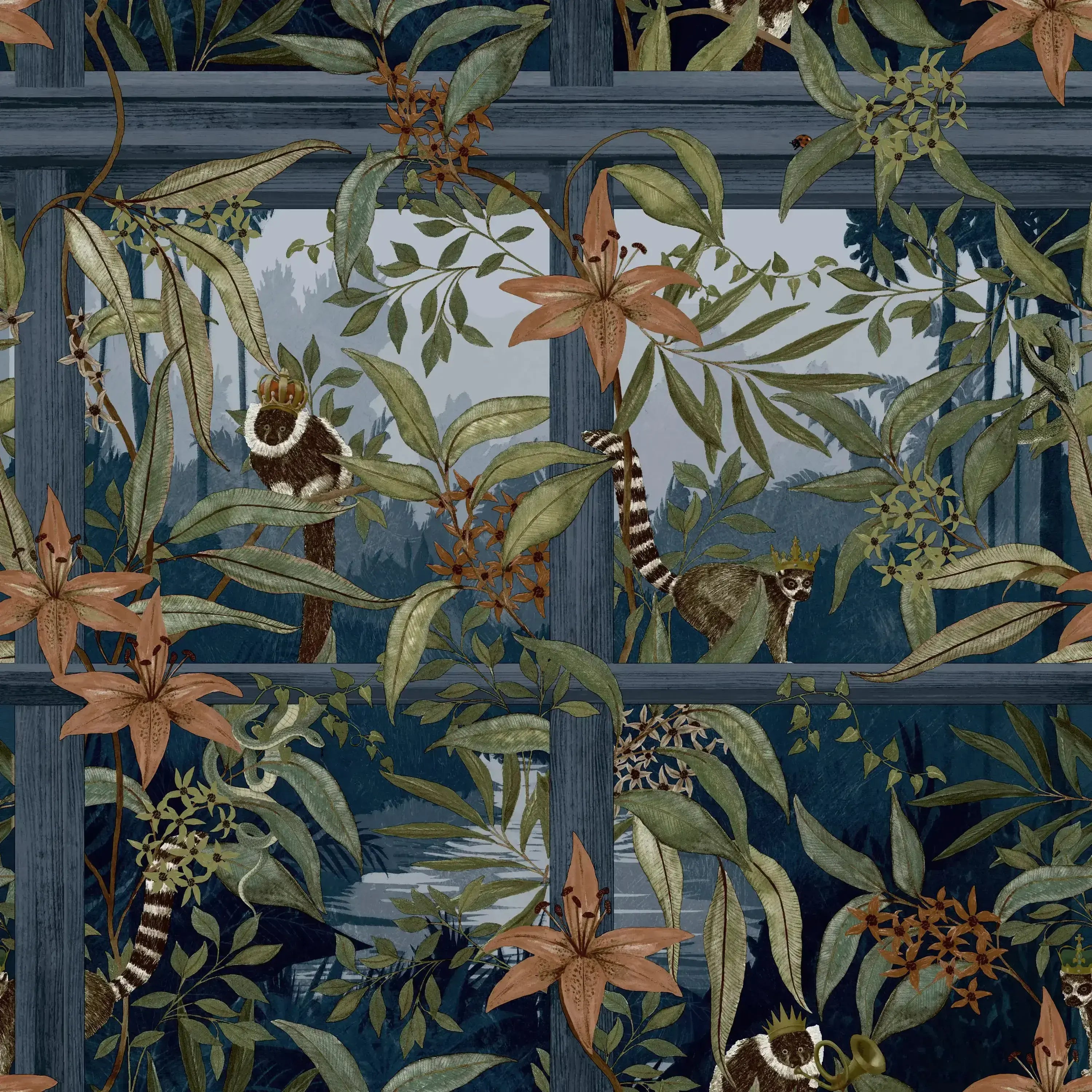 Comoro - Navy tapet med illustrationer af lemurer, blomster og grønne blade i en jungle-setting.