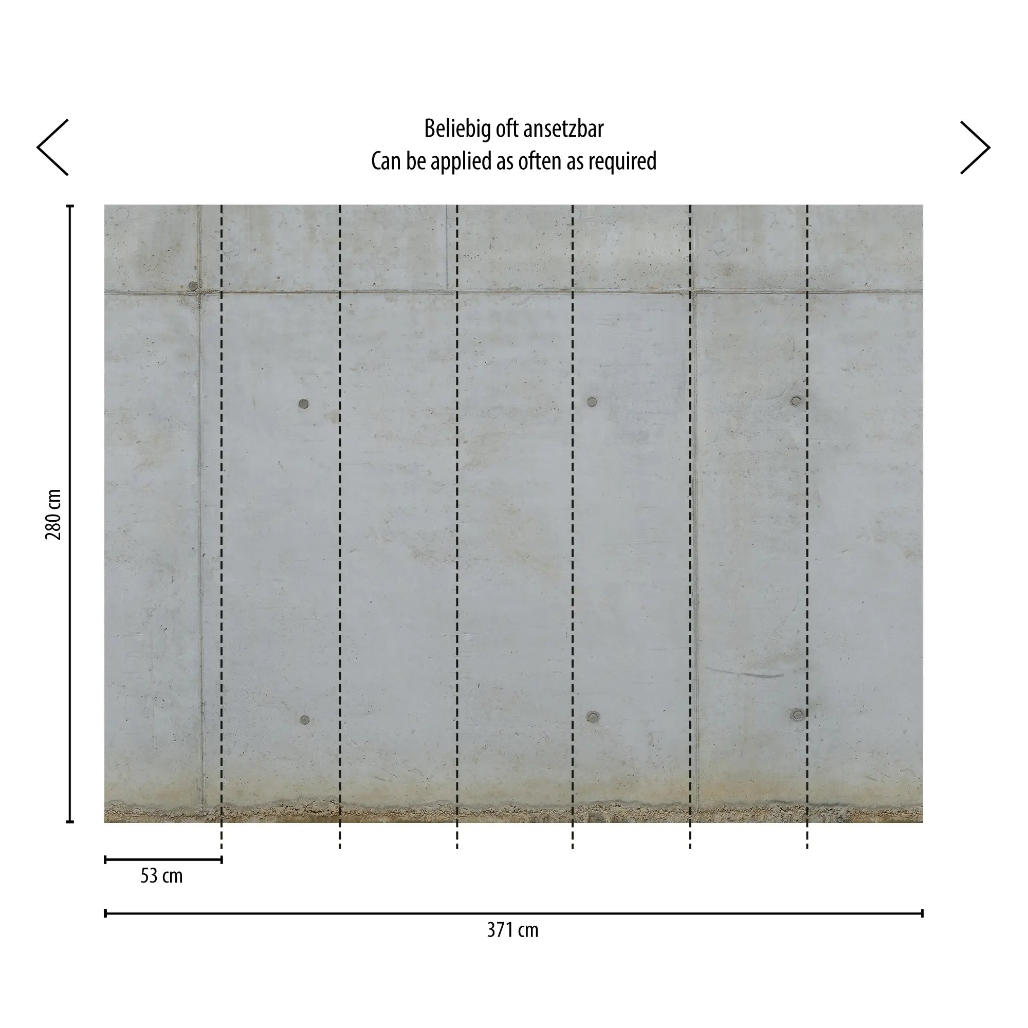 Måltegning af Concrete Calm tapet, viser dimensioner i cm langs siderne og mellem sektionerne.