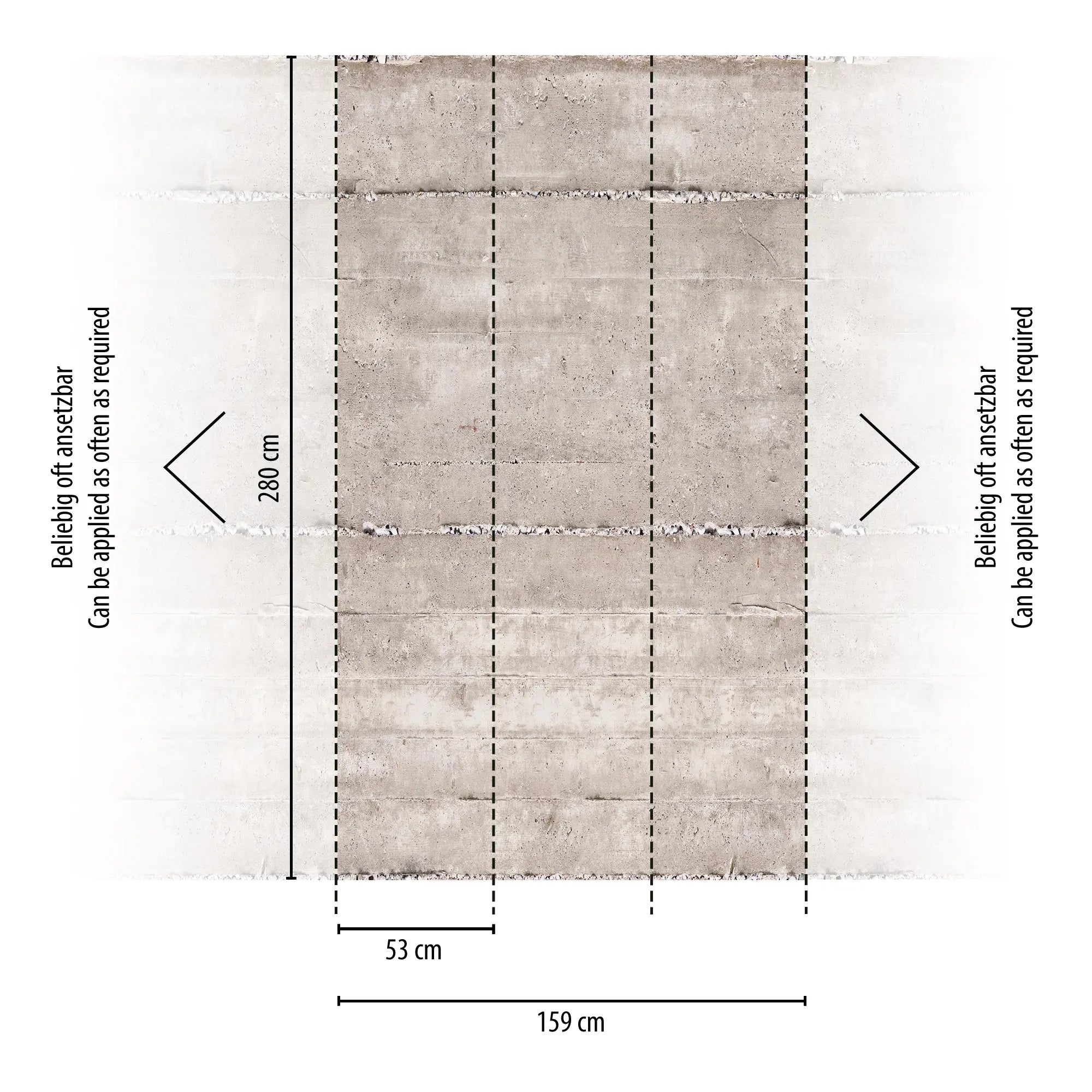 Skematisk billede af 'Concrete Echo' tapet fra Nicetapet.dk med målangivelser på 159 cm bredde og 280 cm højde, samt anvisninger til anvendelse.