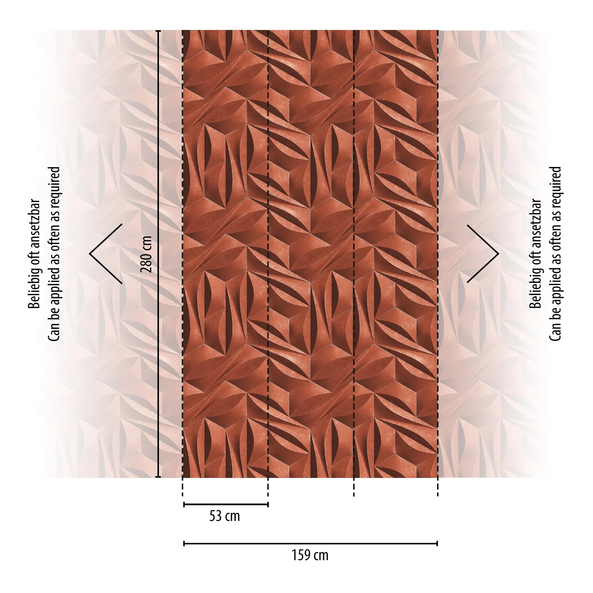 Cubist Flow - Terra tapet dimensioner illustrerer sektioner af tapetet, der kan gentages efter behov, med mål angivet.