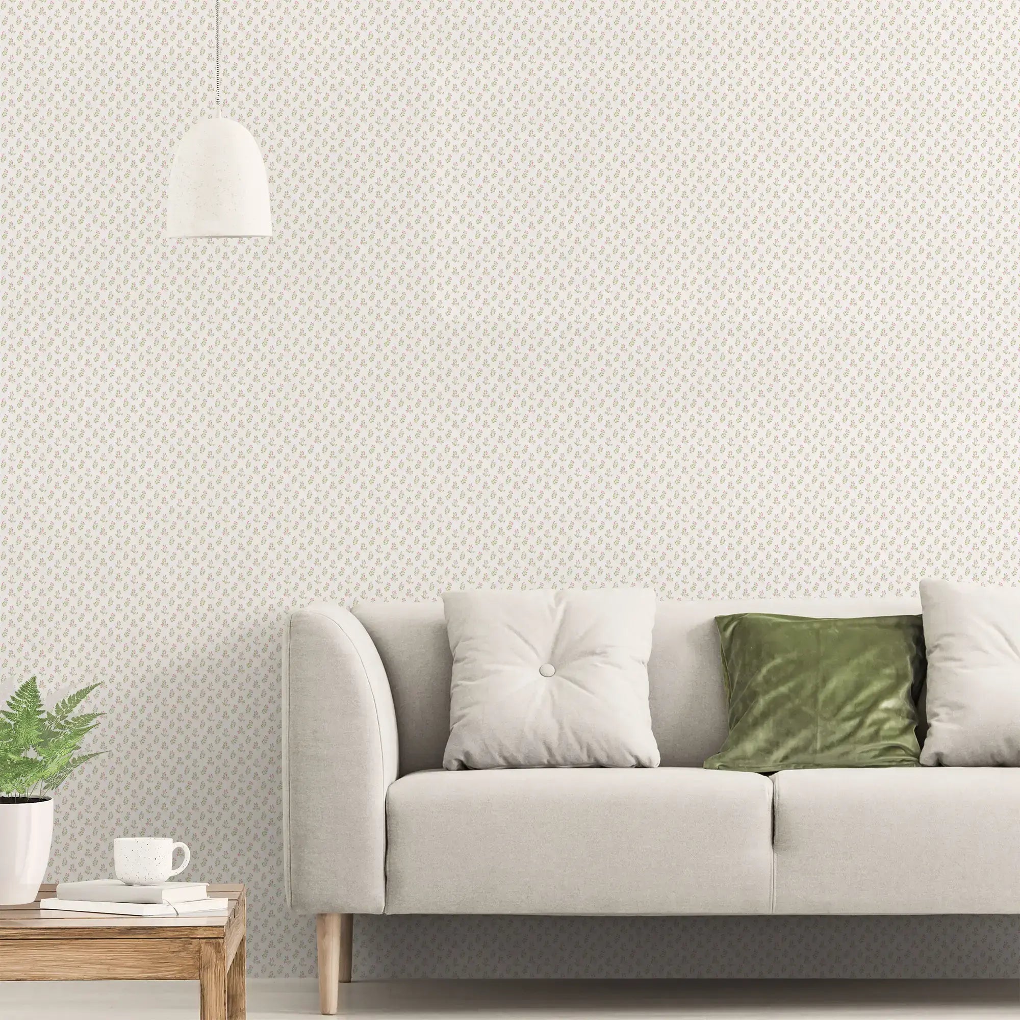 Delicate Foliage - Mint tapet i en stilfuld stueindretning hos Nicetapet.dk, med sofa og dekorativt bord.