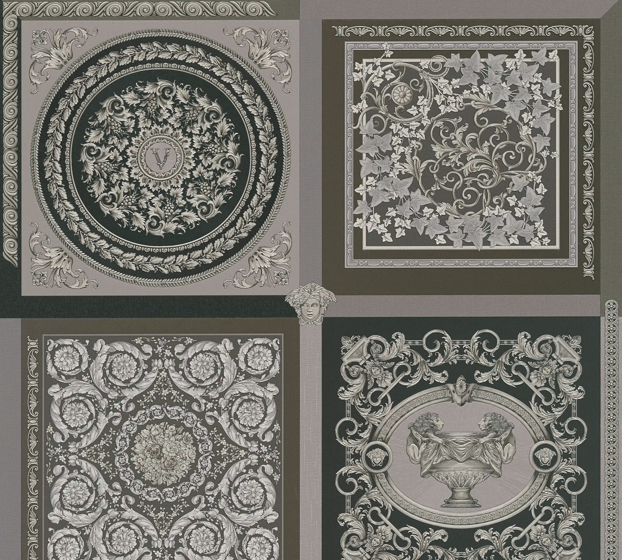 Nærbillede af det indviklede mønster og design i Versace Barocco Mosaic - Dark Gray tapet, der viser cirkulære og firkantede elementer med udsmykninger.