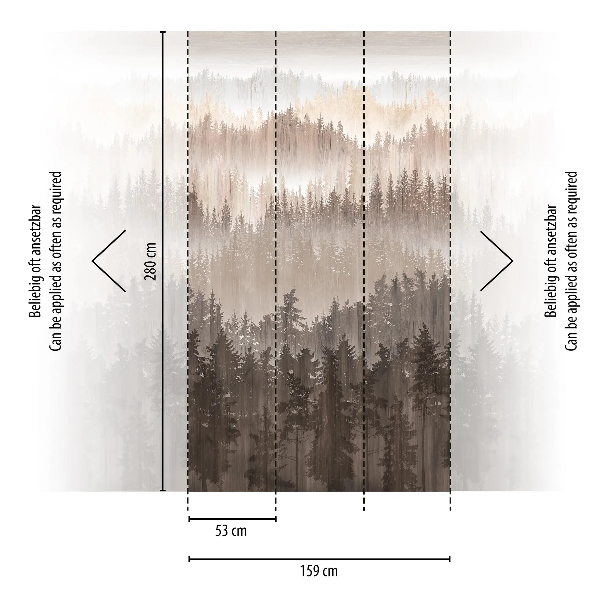 Illustration af Layered Forest - Mist tapet fra Nicetapet.dk med dimensioner og opsætningsinstruktioner, der viser tapetets bredde og højde.