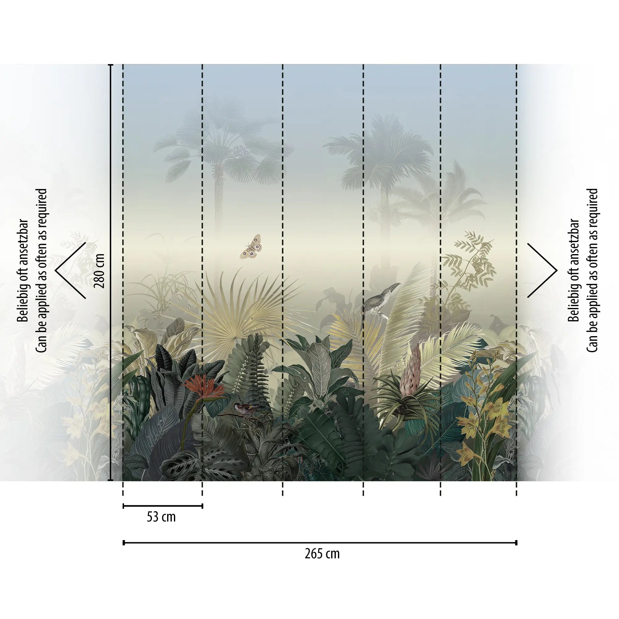 Dimensionel illustration af Tropical Mist tapet fra Nicetapet.dk, der viser mål for højden og bredden af tapetet med markerede sektioner.