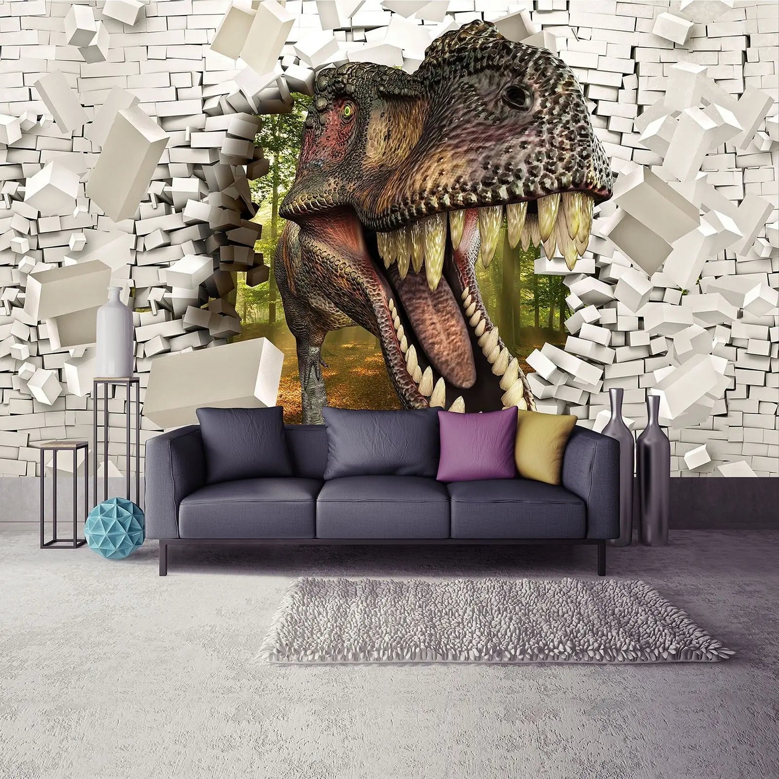 Billede 6 af Fototapet - Dinosaur bryder gennem hvid mur i skoven