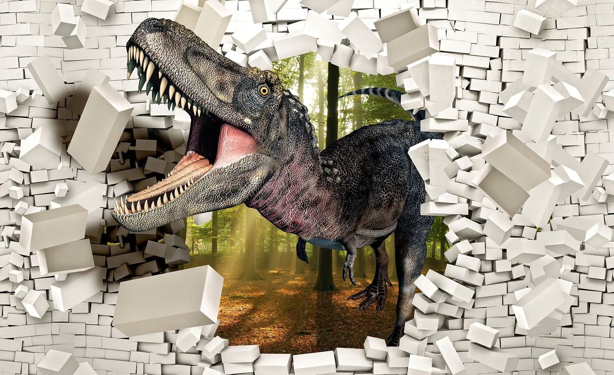 Billede 1 af Fototapet - Dinosaur bryder gennem hvid mur med skov i baggrunden