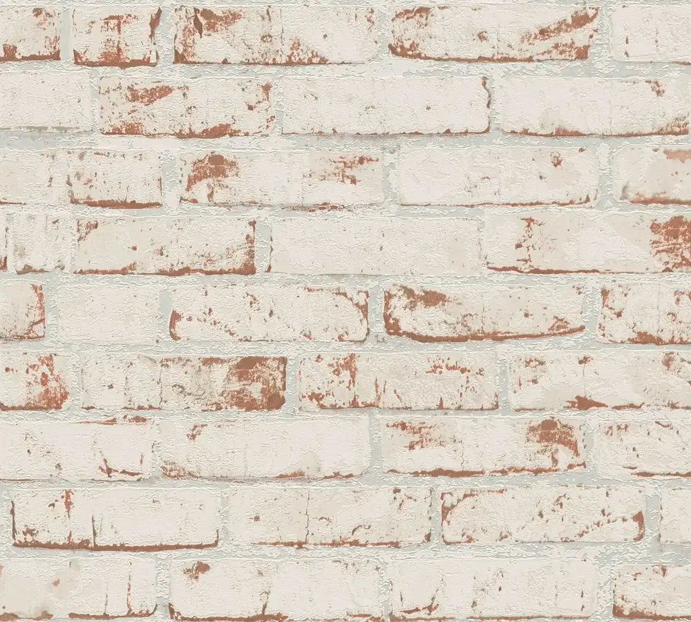 Nærbillede af tapet kaldet Distressed Bricks - Rustic fra Nicetapet.dk. Viser detaljerede hvide og brune mursten i et rustikt design.