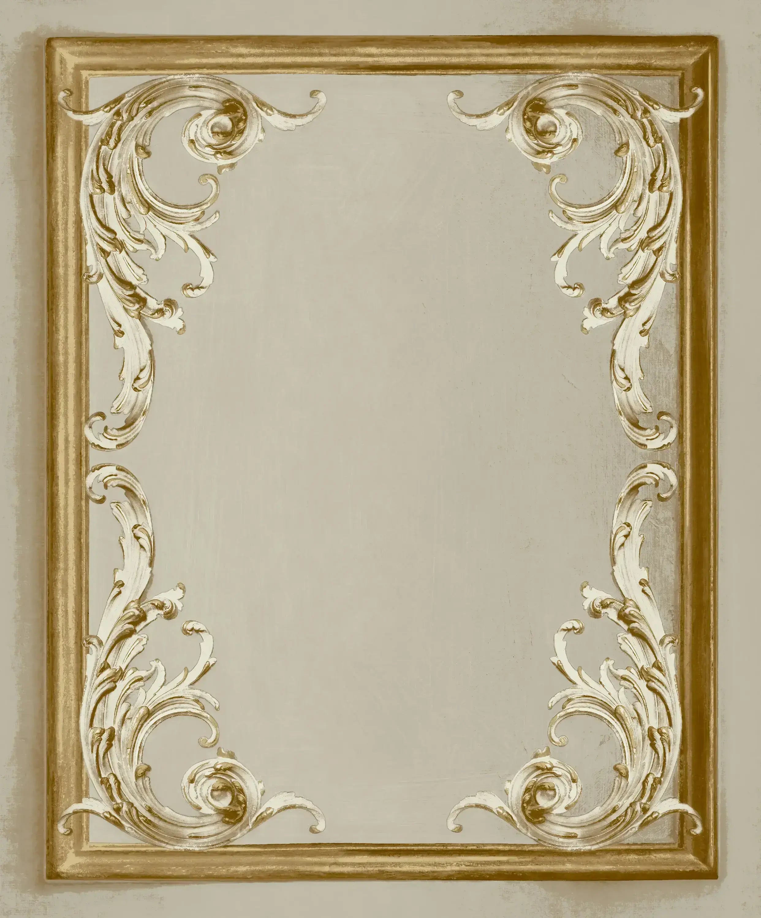 Dekorativ ramme i guldornament med symmetriske, snoede mønstre på et beige baggrund. Produktnavn: Iconic Frame - Elegance.